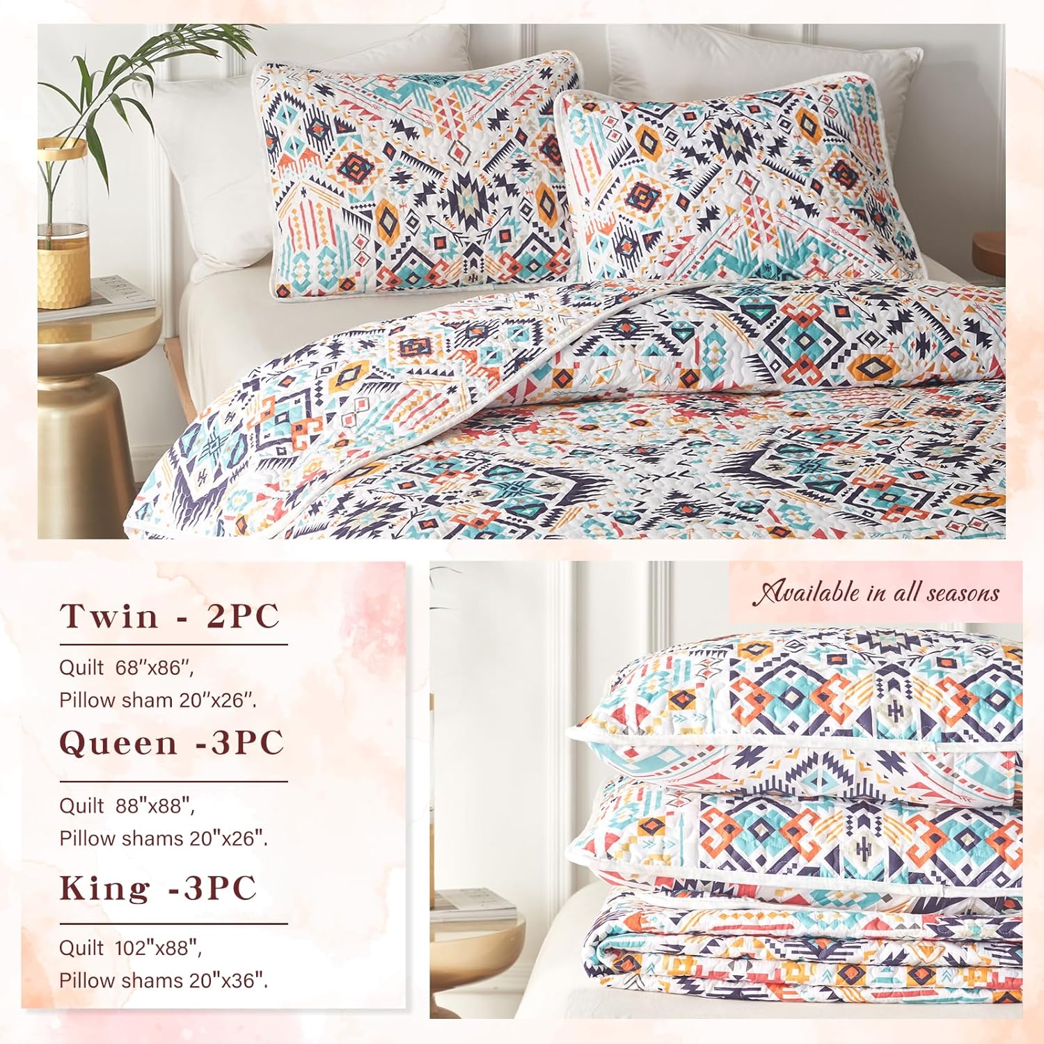 Tititada 3 Piece Boho Quilt Set Queen Size