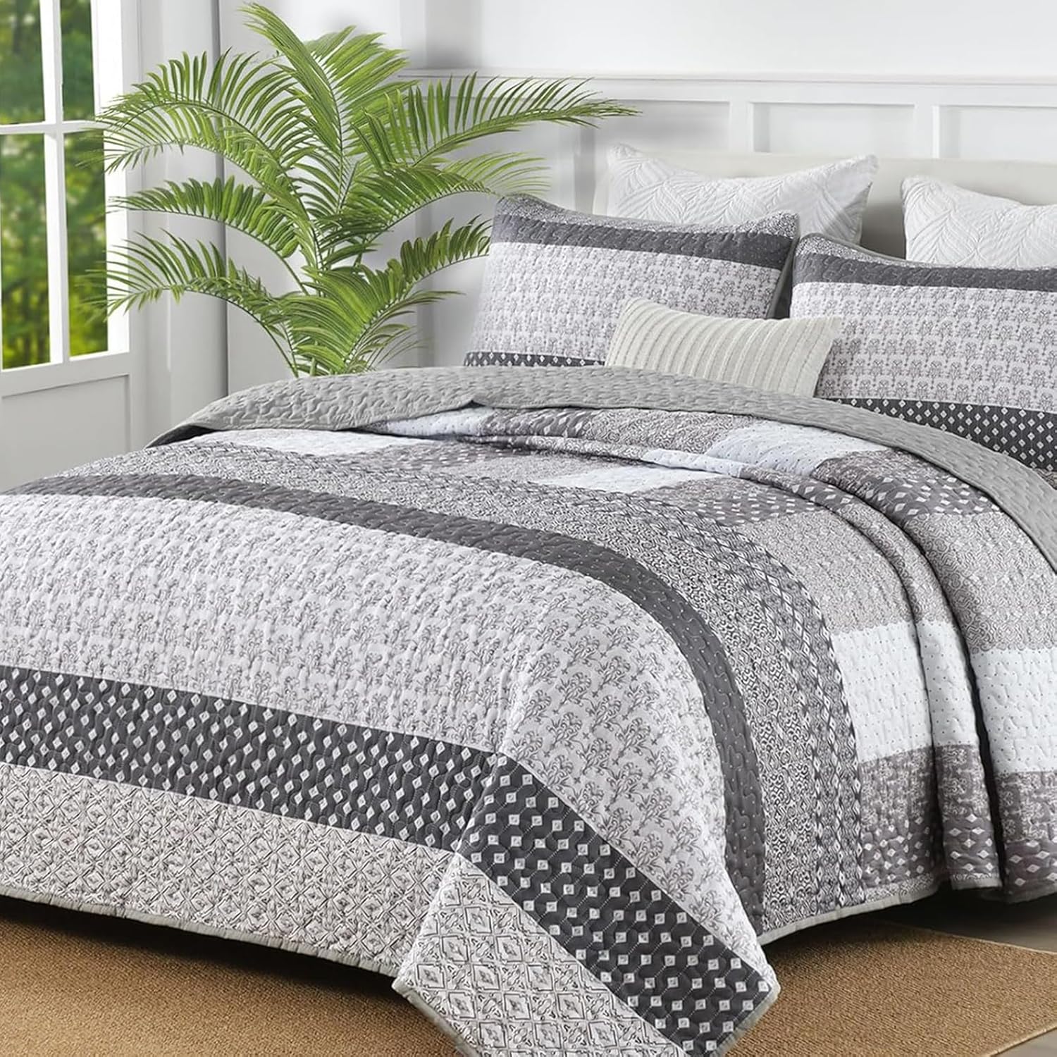 WONGS BEDDING Grey Boho Queen Quilt Set 3 pcs