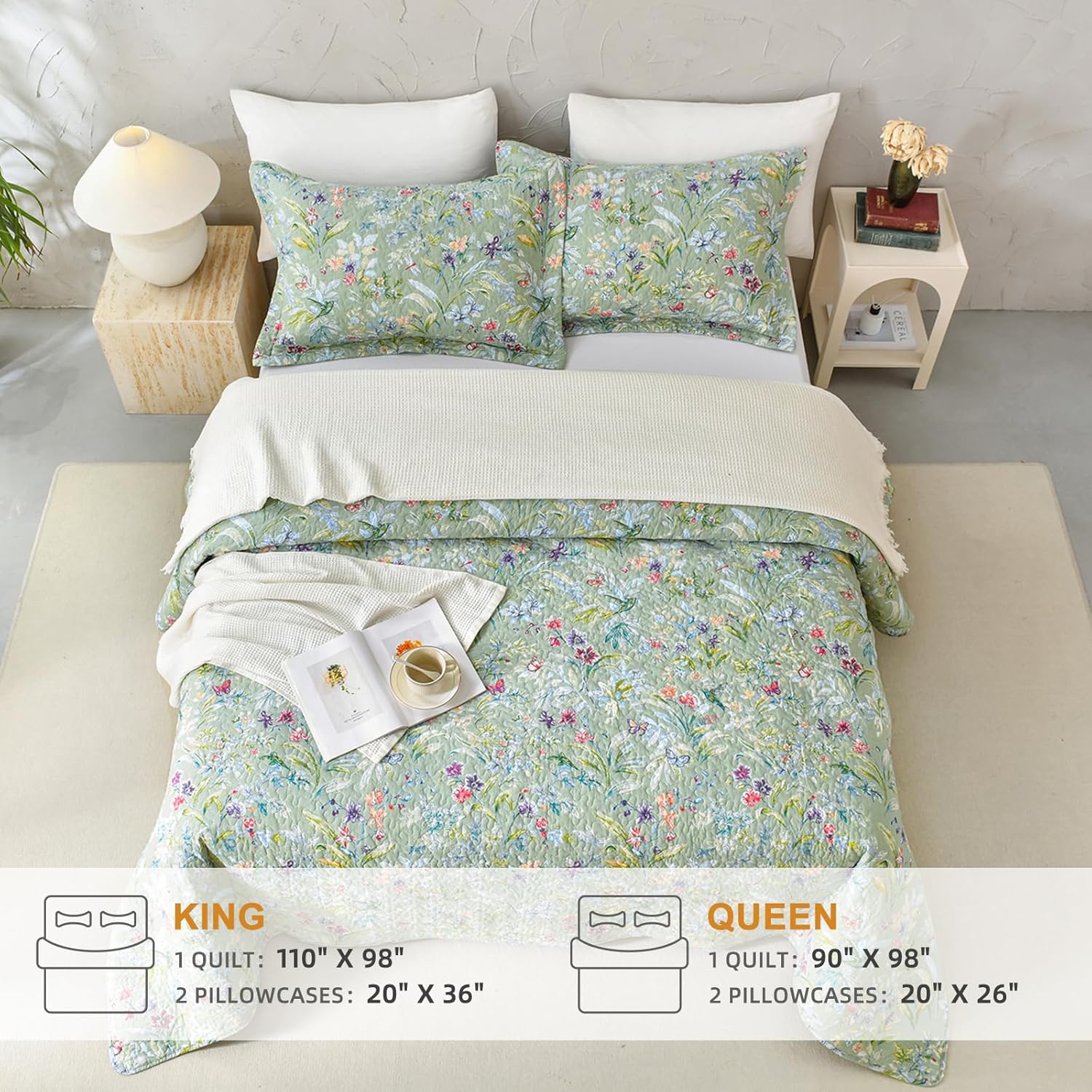 Sanracie Cotton Queen Quilt Set - Green Floral Pattern 3pcs