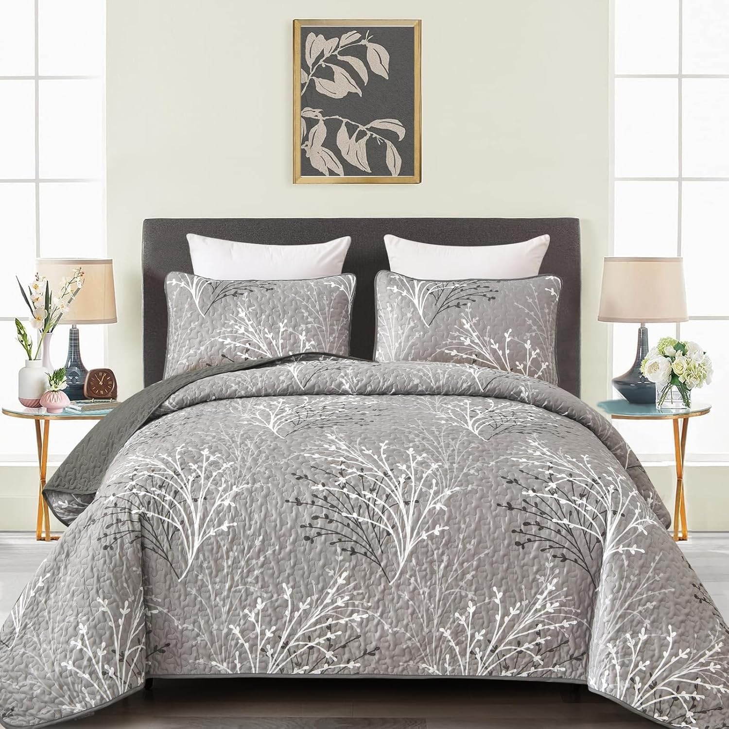 DJY Grey Botanical Quilt Set King Size 3-Piece