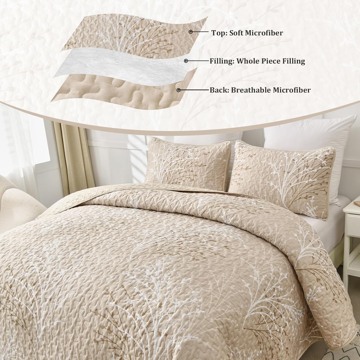 DJY Beige Botanical Quilt Set King Size 3 Piece