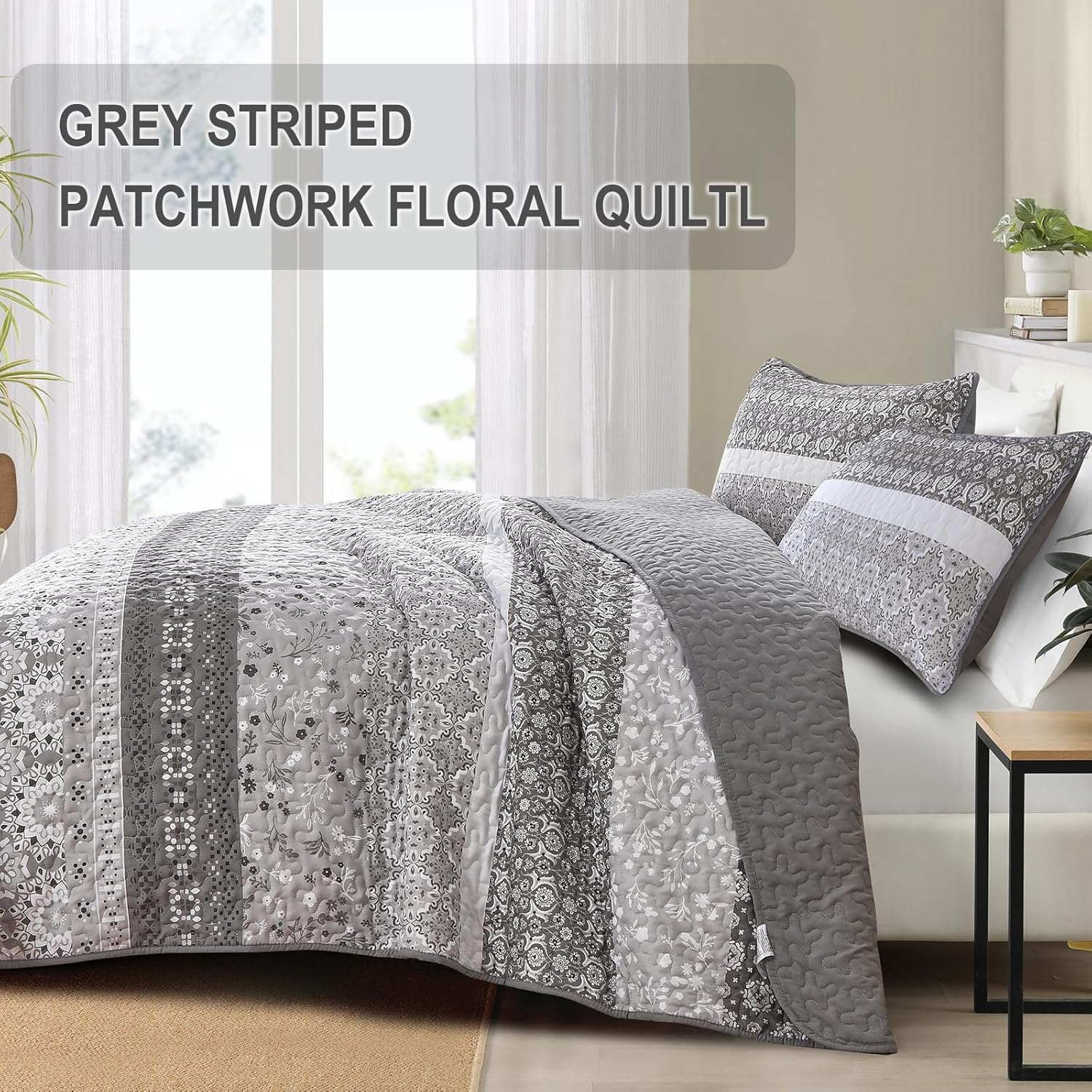 Grey Boho Quilt Set with 2 Pillowcases