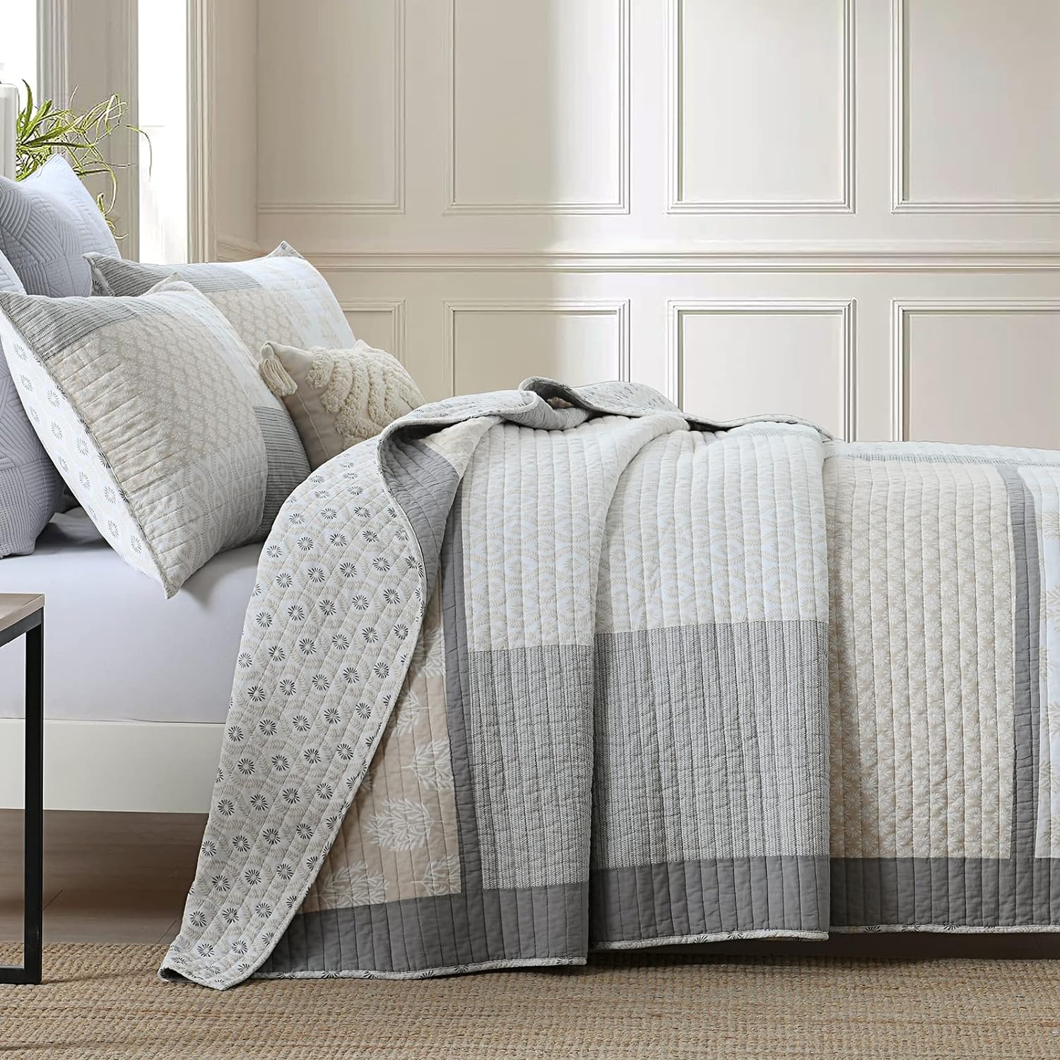 PANGUSHAN Queen Quilt Set 3 Pieces 100 Cotton Reversible Patchwork Quilt