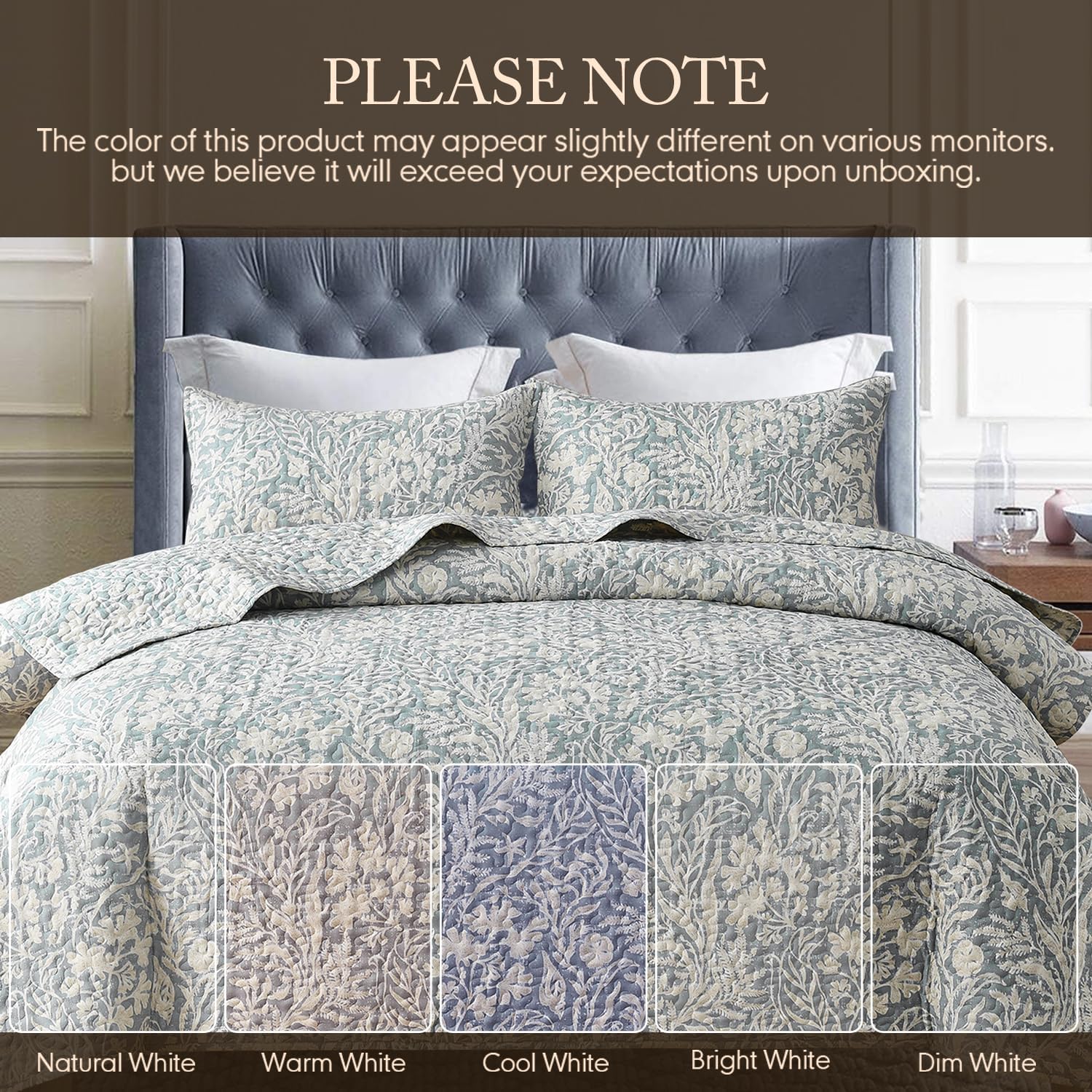 DURLENGEN Bluish Grey Botanical Quilt Set Queen 3Pcs