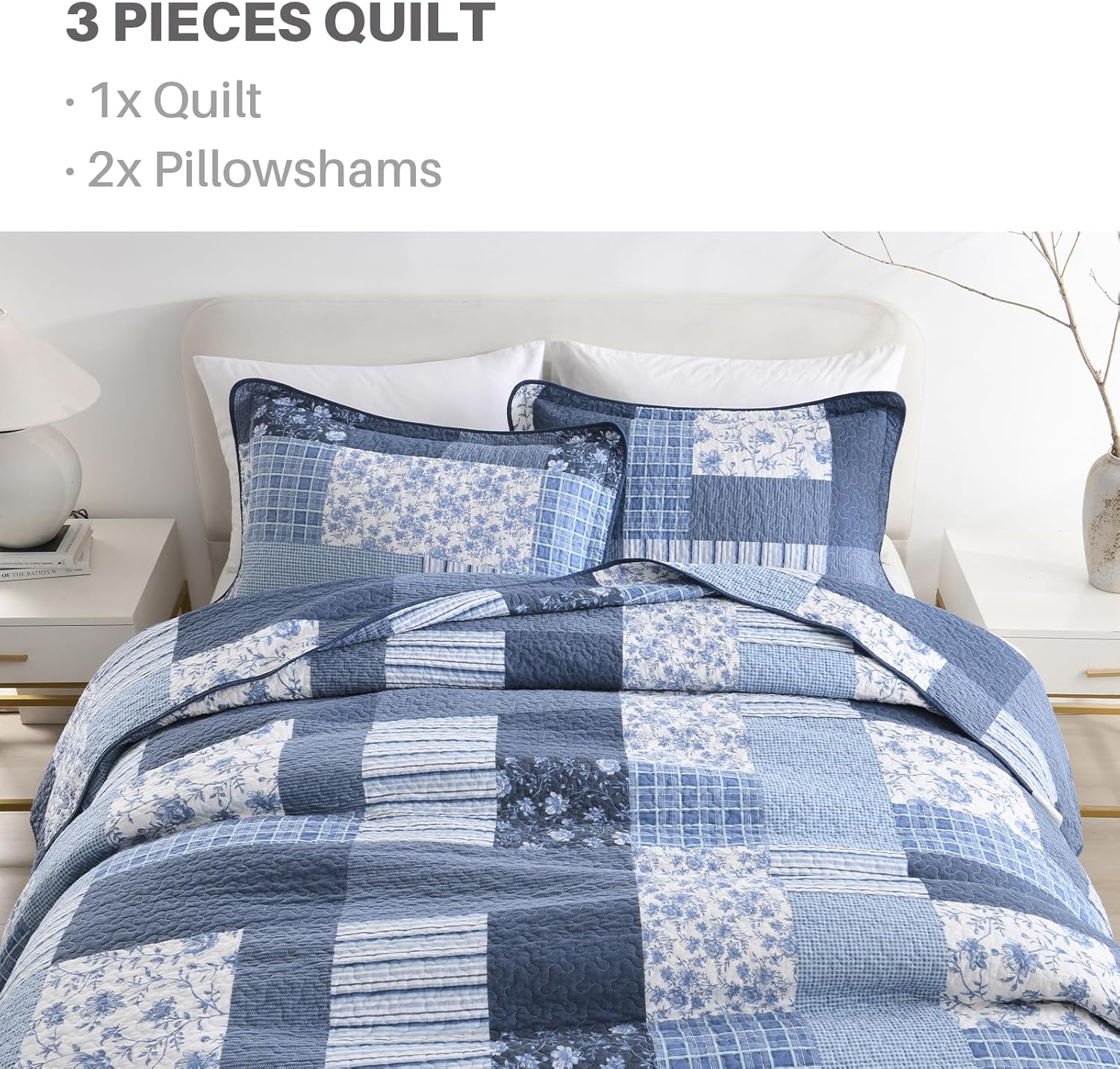 PANGUSHAN 100 Cotton King Quilt Set - Floral Patchwork 3pcs BlueWhite 1