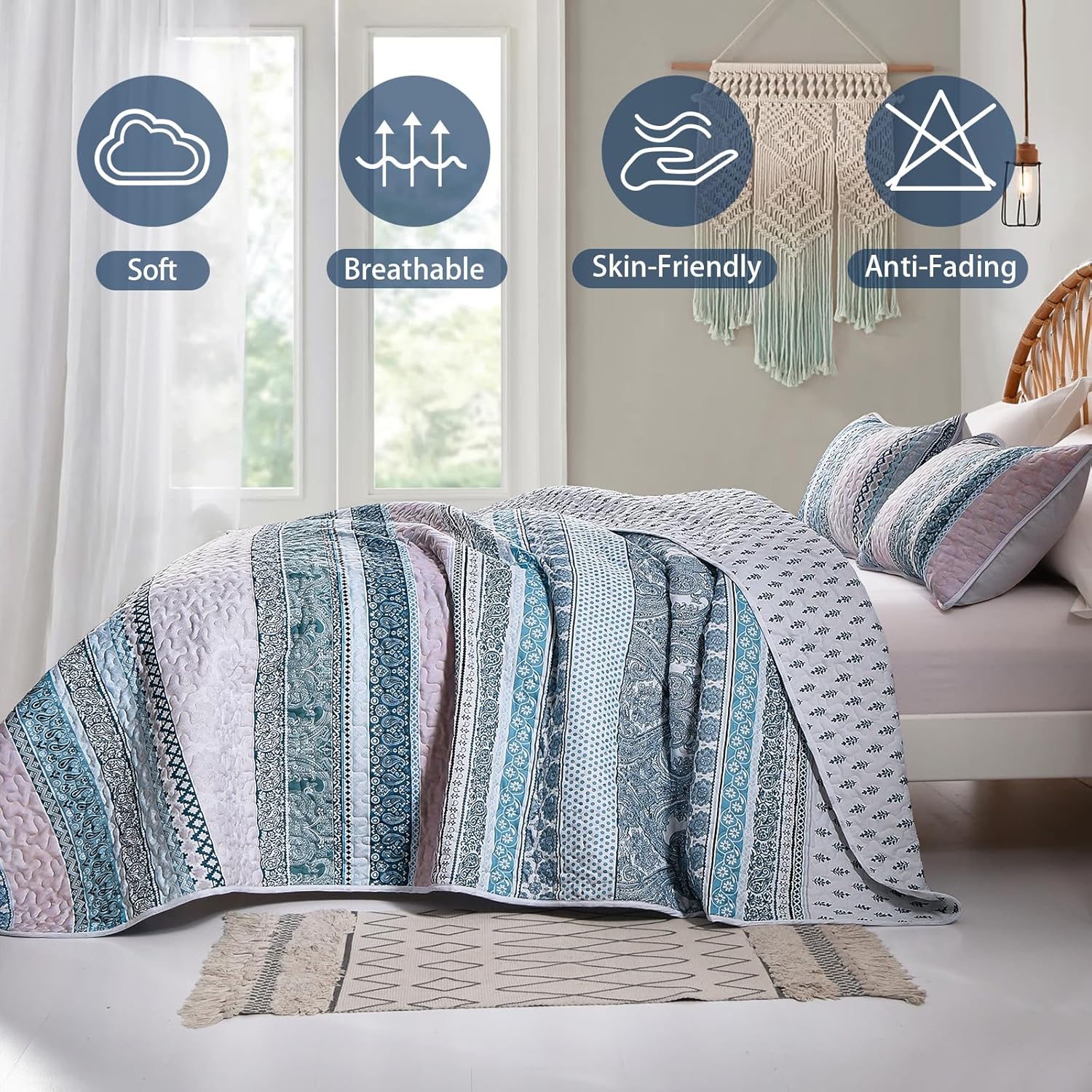 WONGS BEDDING Blue Boho Quilt Set California King