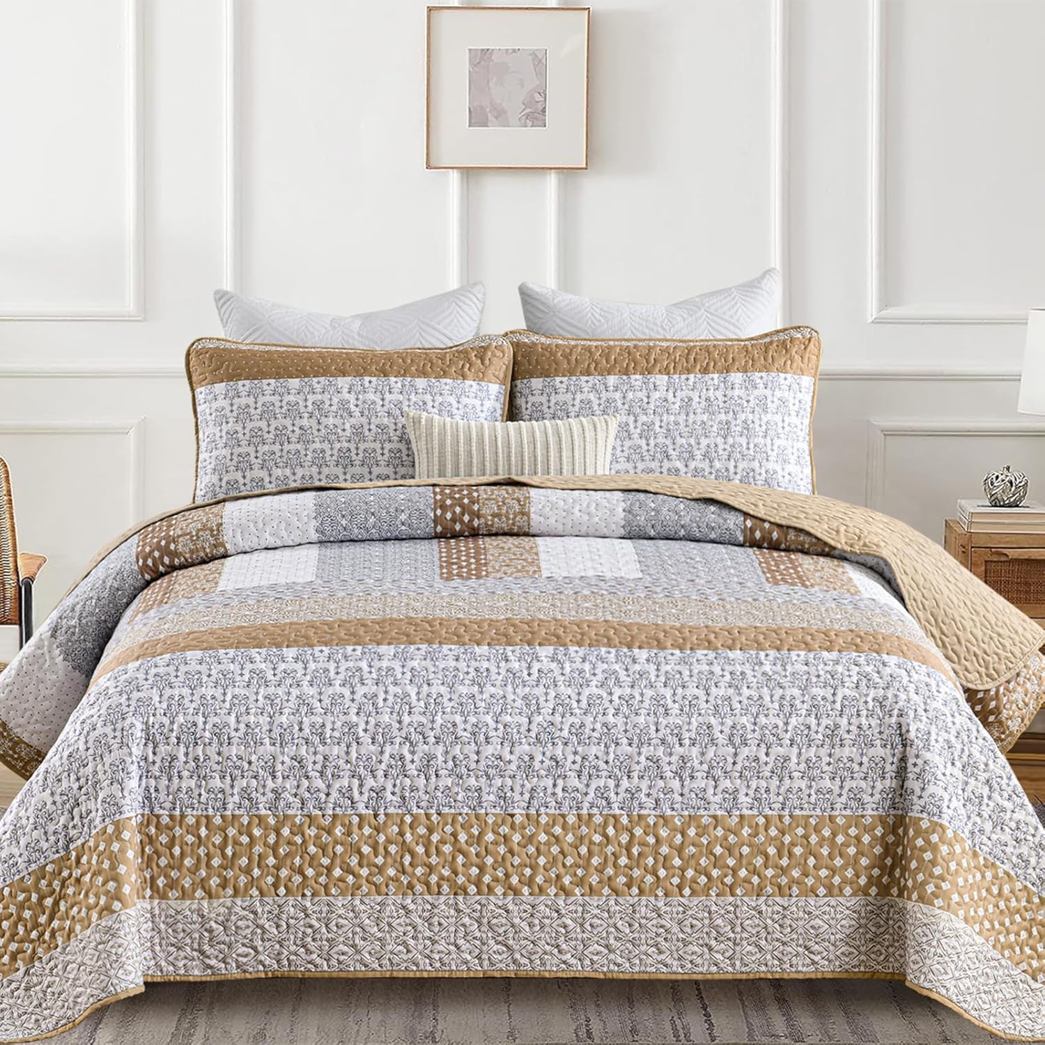 Wongs Brown Bohemian Stripe Quilt King Size Set