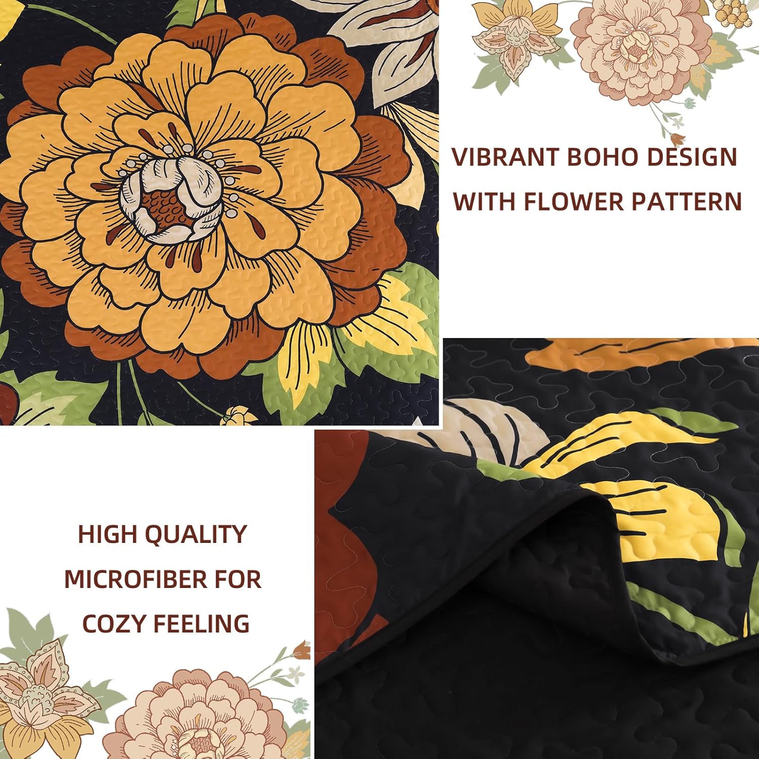 DJY Boho Floral Quilt Set Queen Size 3 Pieces