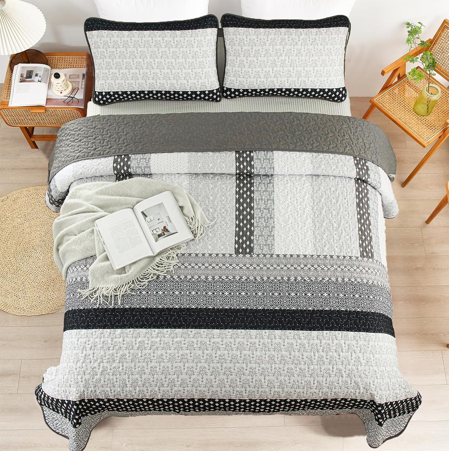 WONGS BEDDING Boho Stripe Queen Quilt Set 3 Piece
