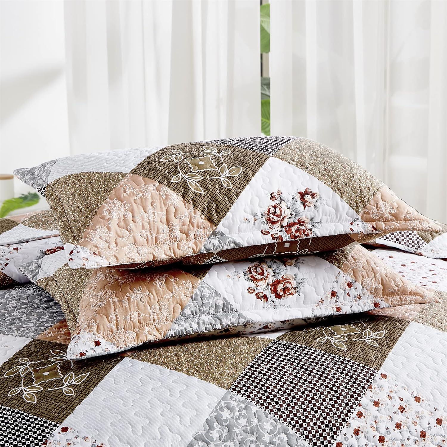 Dinjoy Floral Plaid Patchwork Quilt Set Twin Size