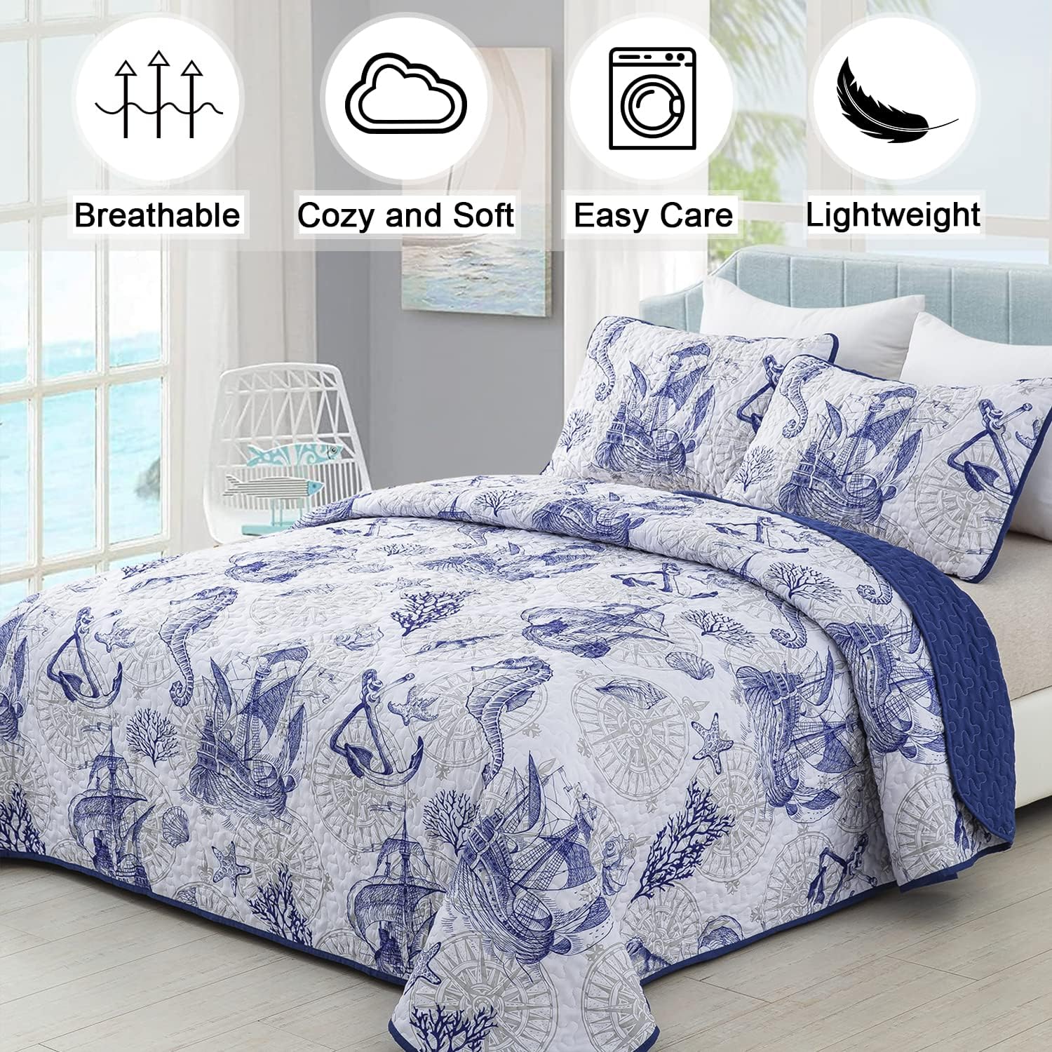DJY Nautical Beach Quilt Set King 3 Piece