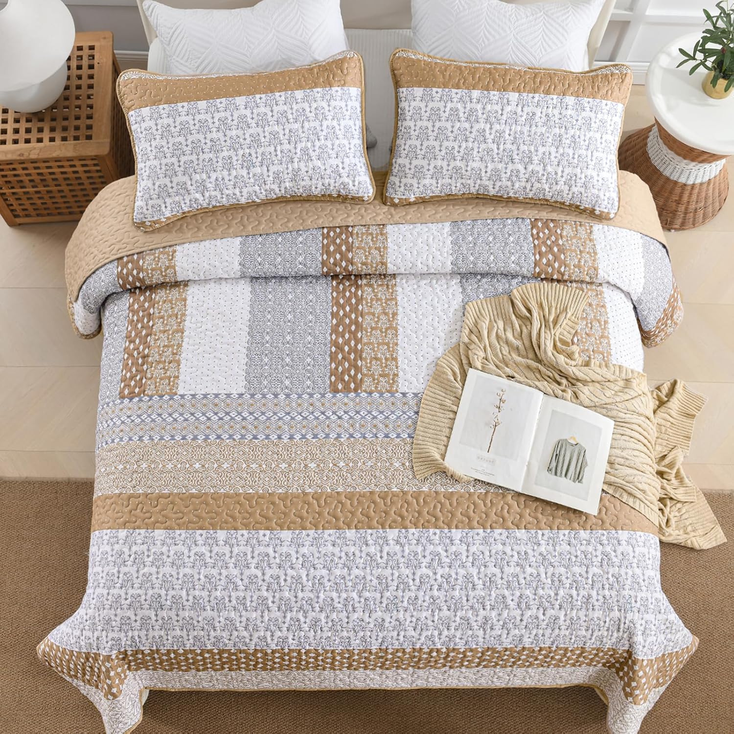 Wongs Brown Bohemian Stripe Quilt King Size Set