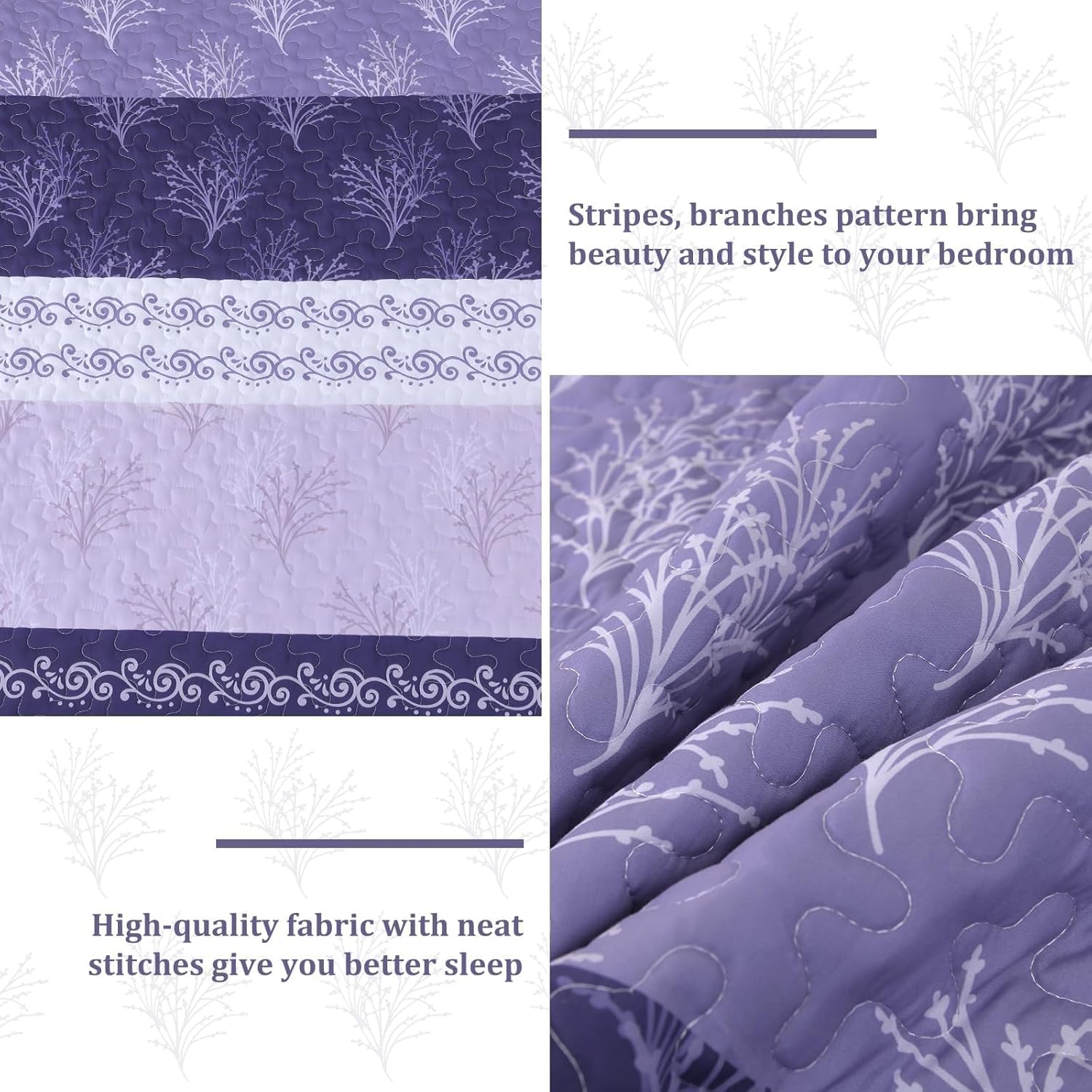 DJY Boho Quilt Set King Size Purple Striped Bedspread
