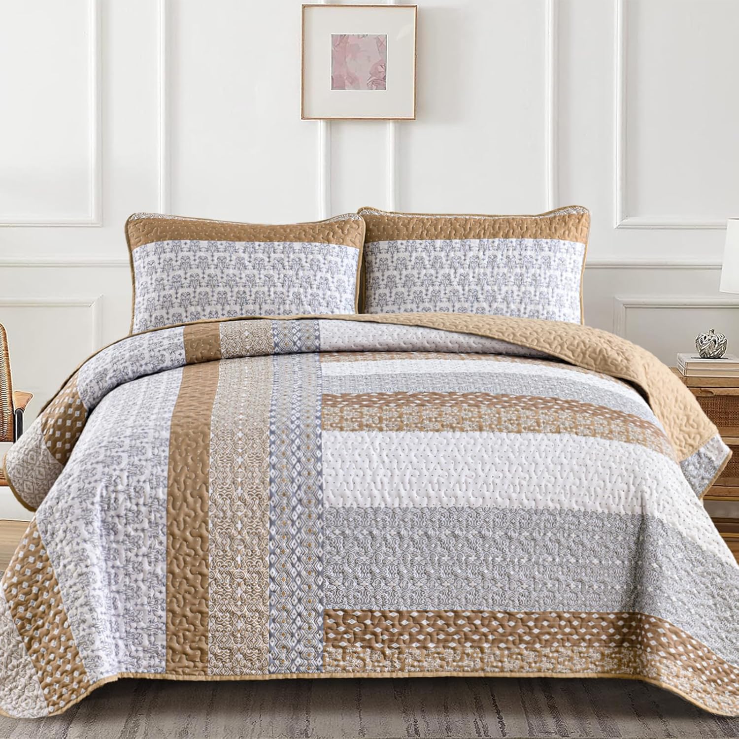 Wongs Brown Bohemian Stripe Quilt King Size Set