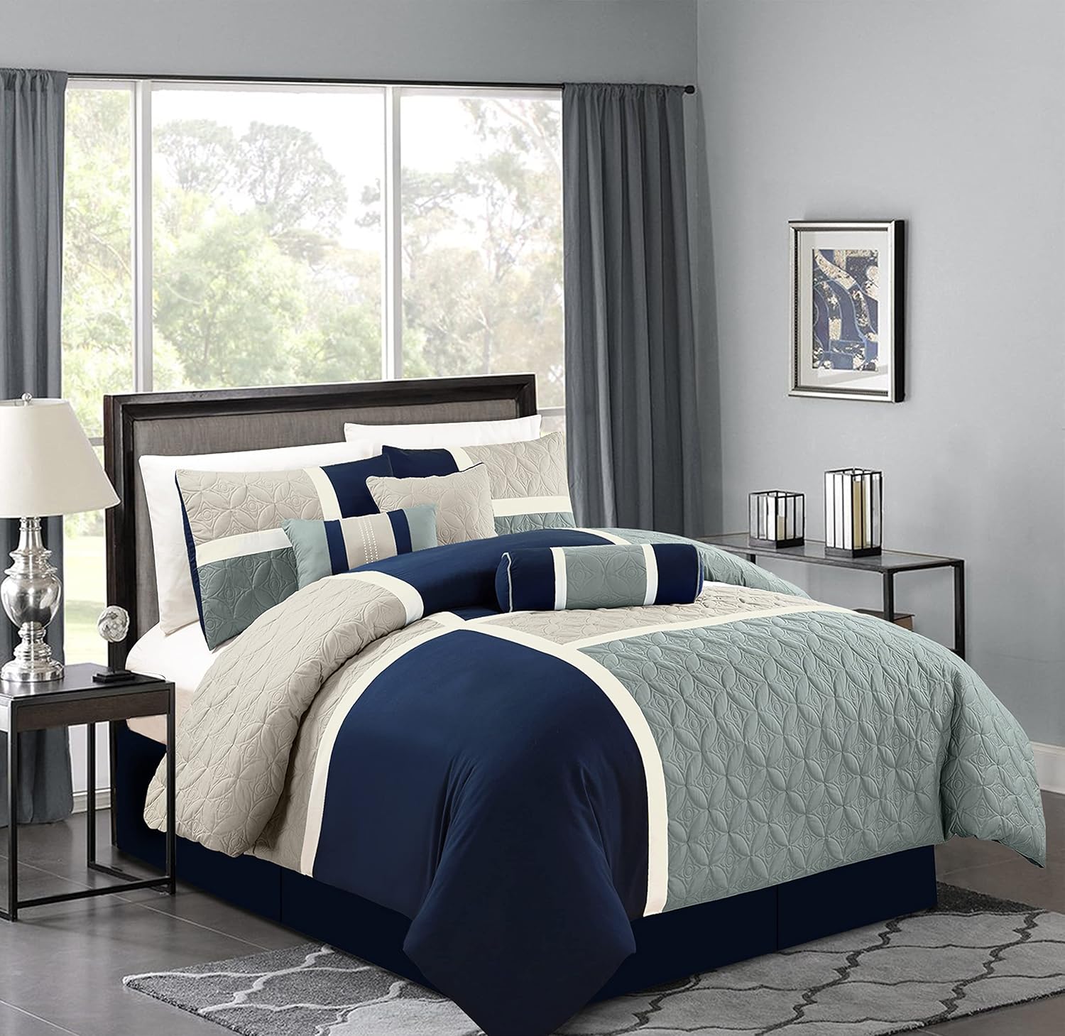 Chezmoi Upland 7-Piece Patchwork Comforter Set NavyBlueGray California King