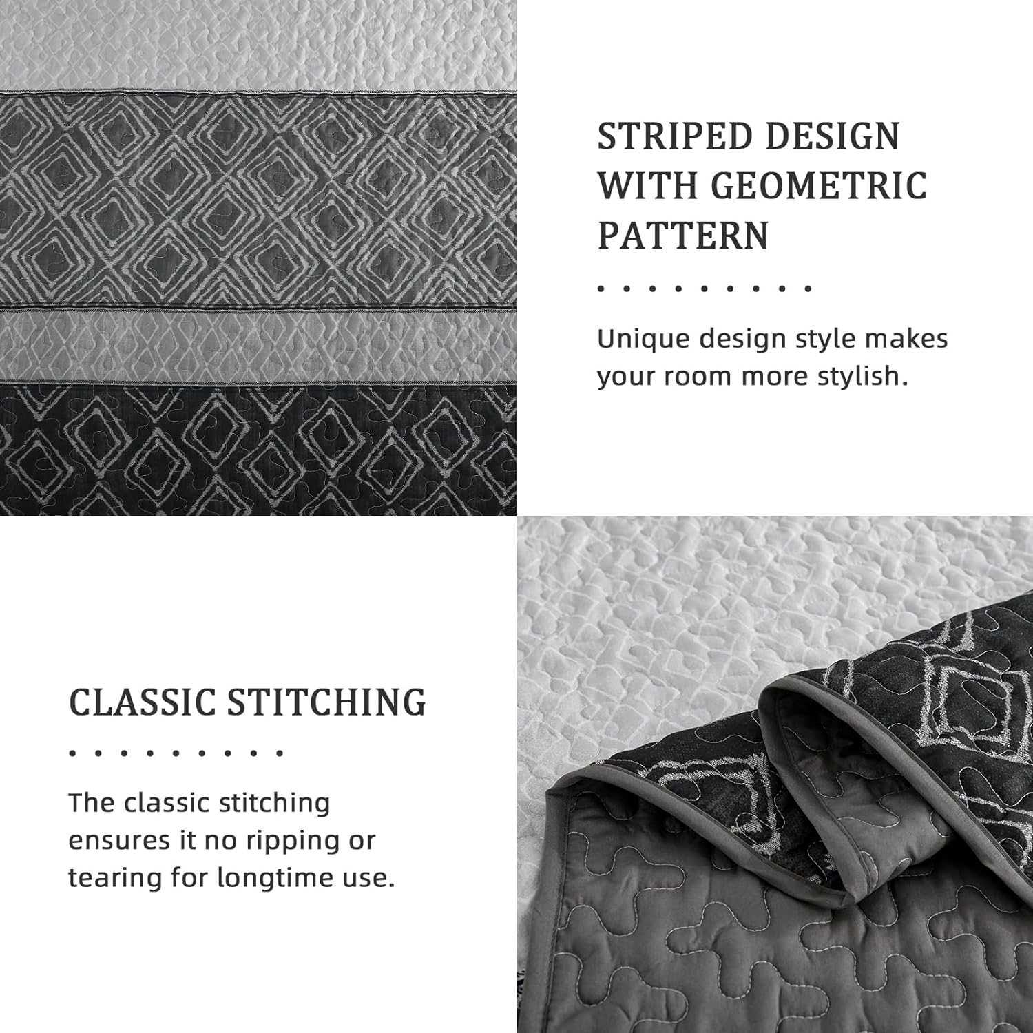 Cottolester Boho Quilt Set 3 Pieces Full Size Grey Striped Plaid