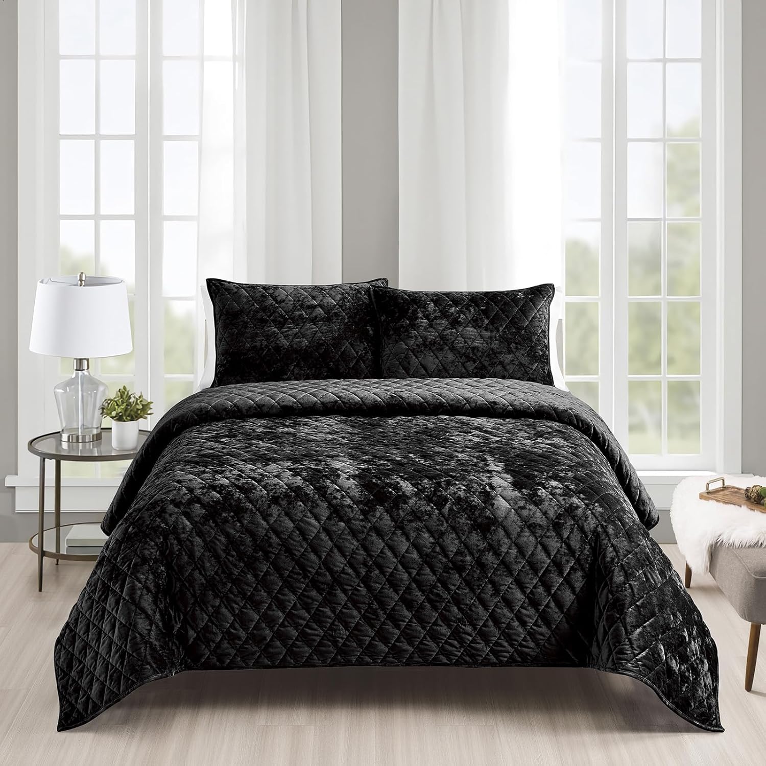 Fredsure Distressed Velvet Quilt Set 3pc Black Queen