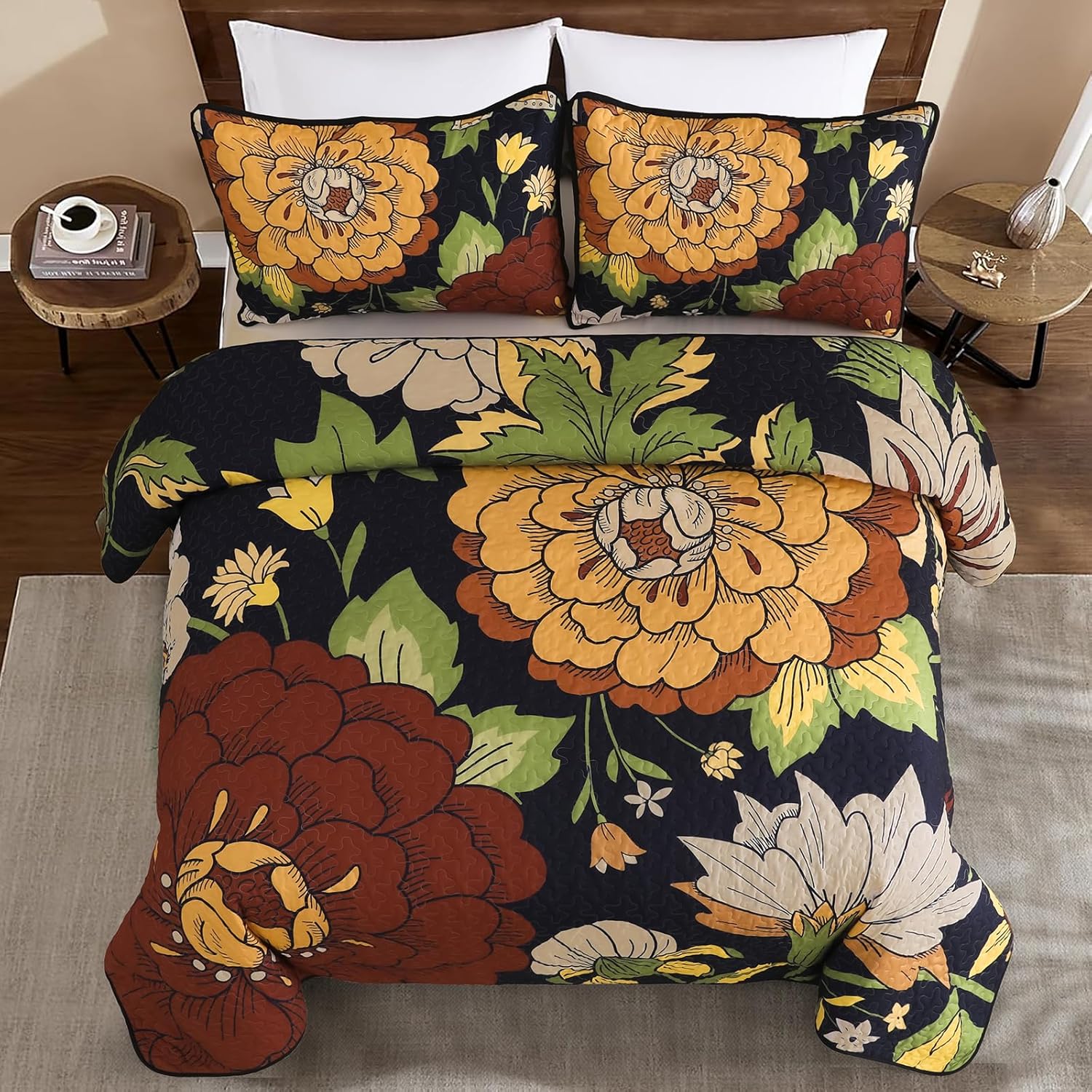 DJY Boho Floral Quilt Set Queen Size 3 Pieces