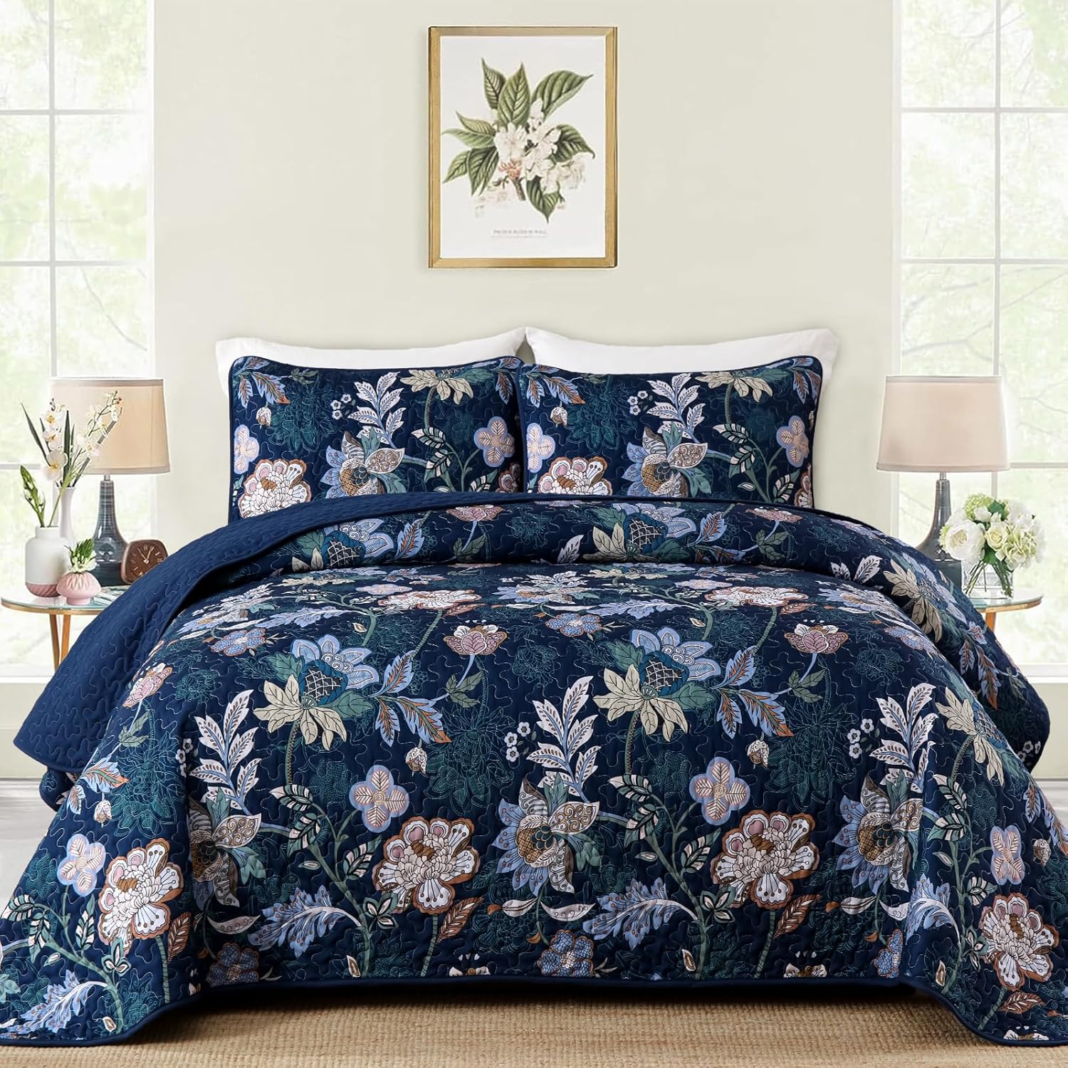 WONGS BEDDING Queen Quilt Set 3 PC Navy Blue Floral Bedspread