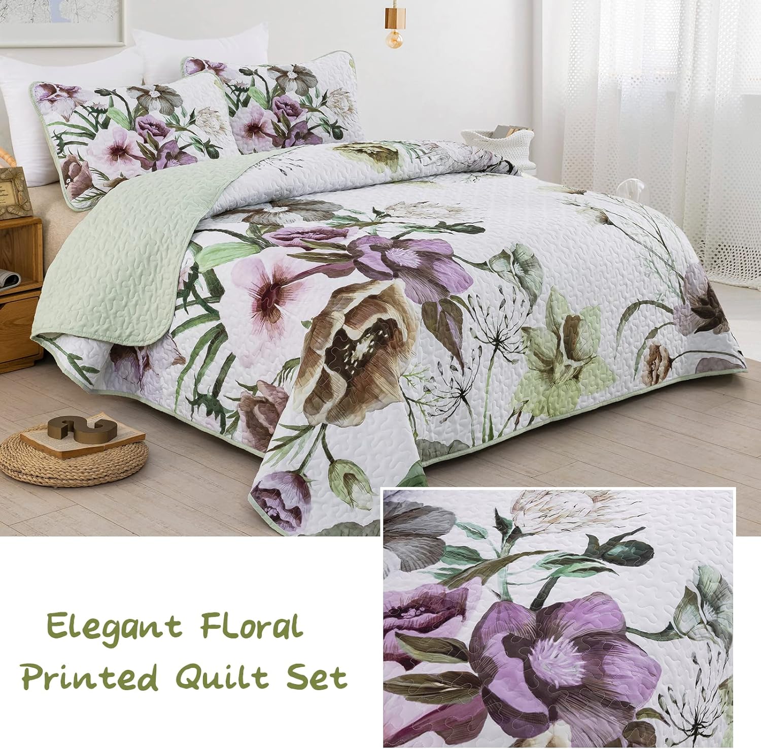 Drucon Floral Quilt Set Queen 3 Piece