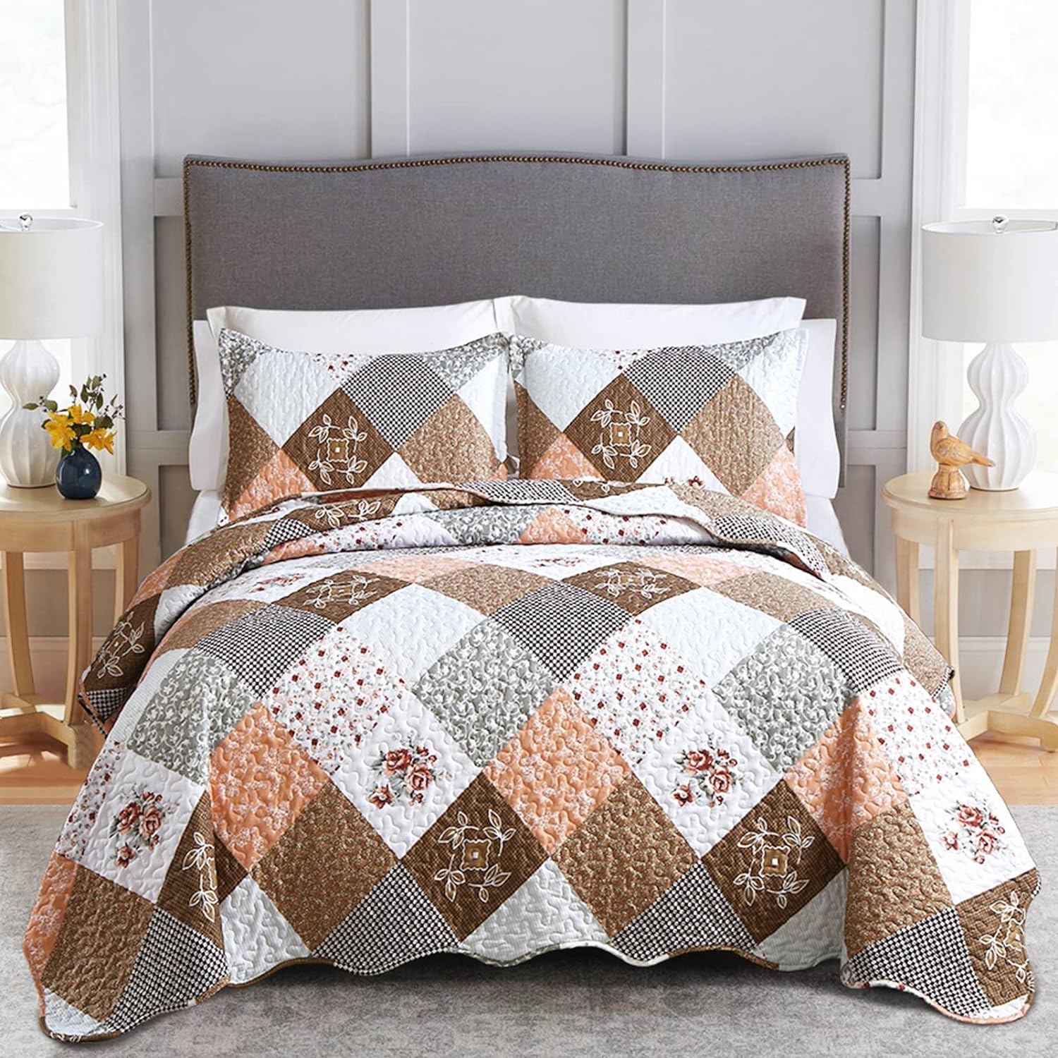 Dinjoy Floral Plaid Patchwork Quilt Set Twin Size