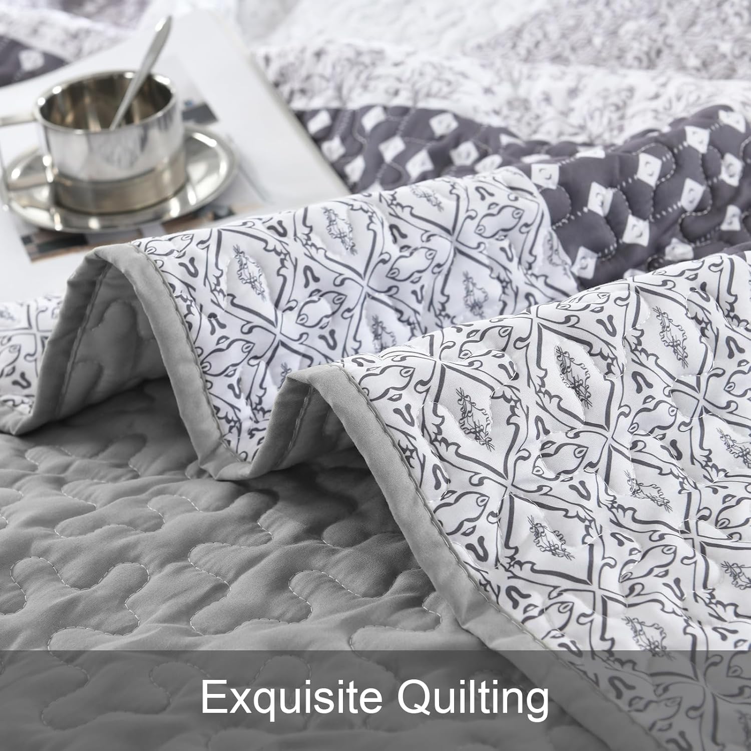 WONGS BEDDING Grey Boho Queen Quilt Set 3 pcs