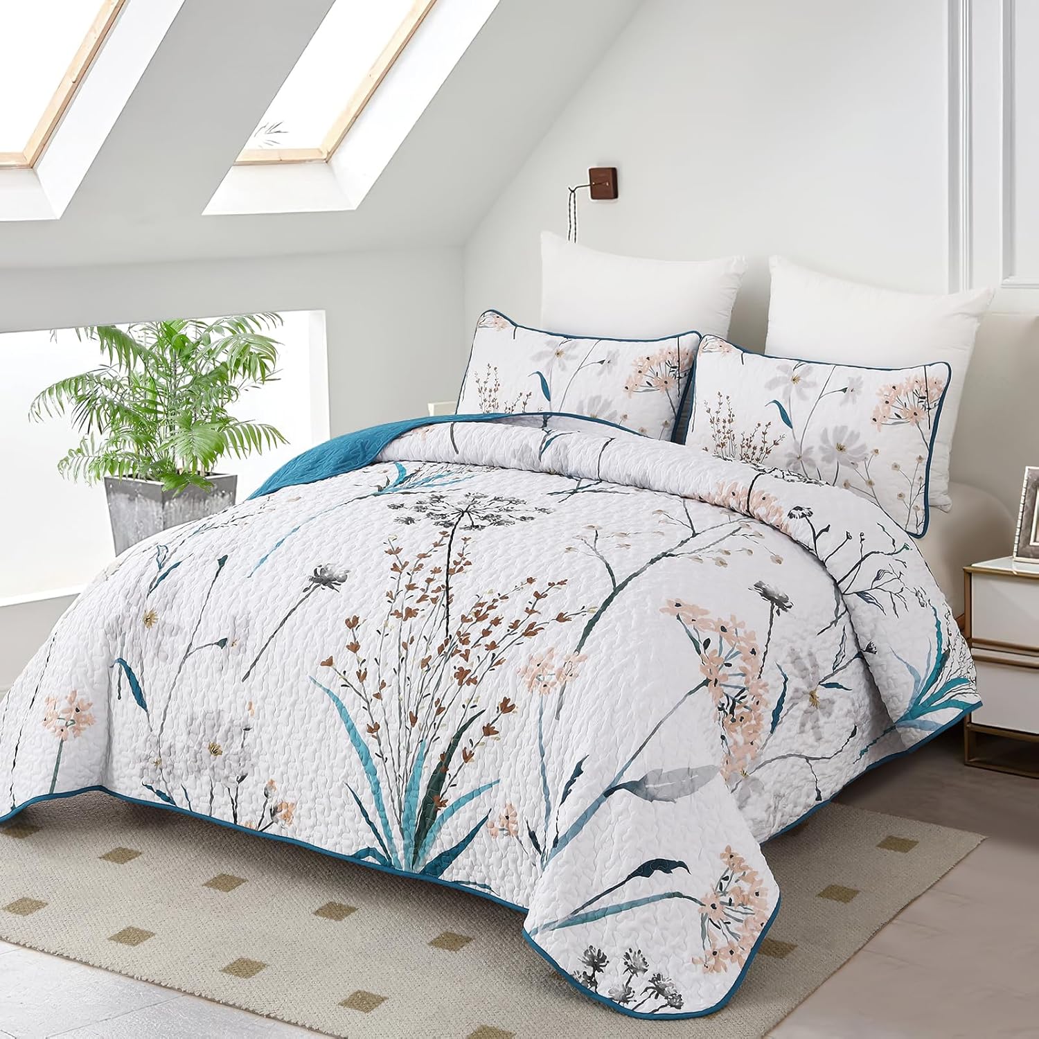 Dobuyly Teal Floral Queen Quilt 3-Piece Set