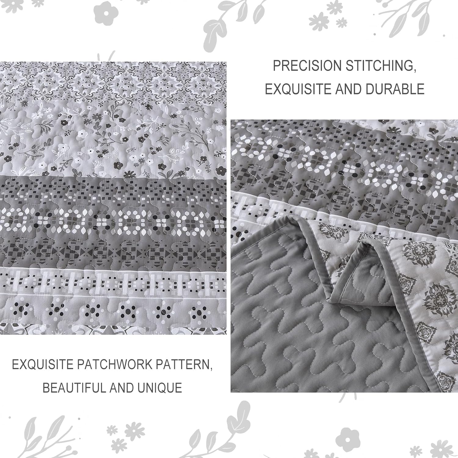 Grey Boho Quilt Set with 2 Pillowcases