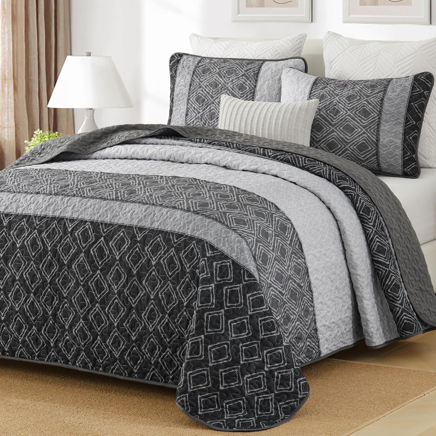 Cottolester Boho Quilt Set 3 Pieces Full Size Grey Striped Plaid