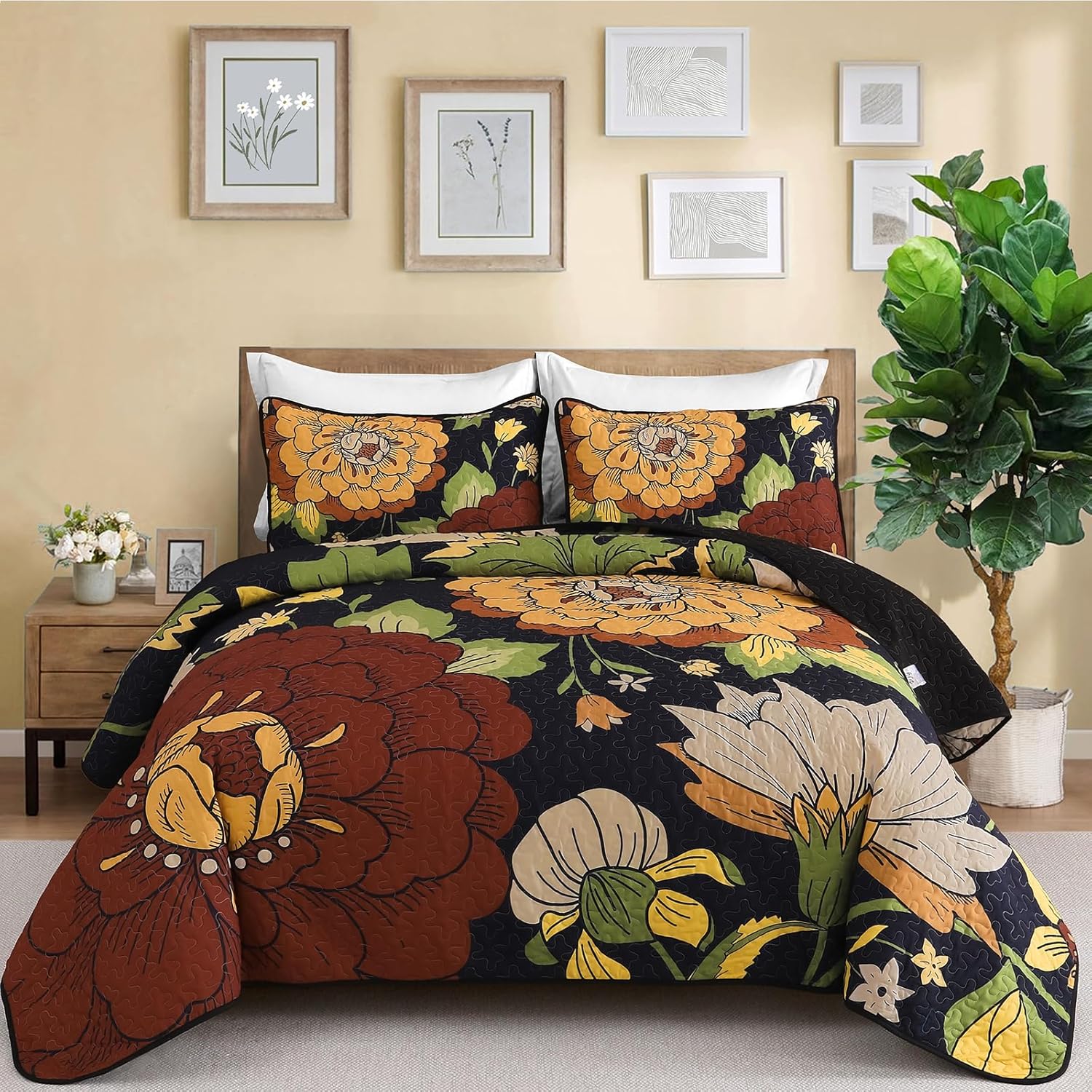 DJY Boho Floral Quilt Set Queen Size 3 Pieces