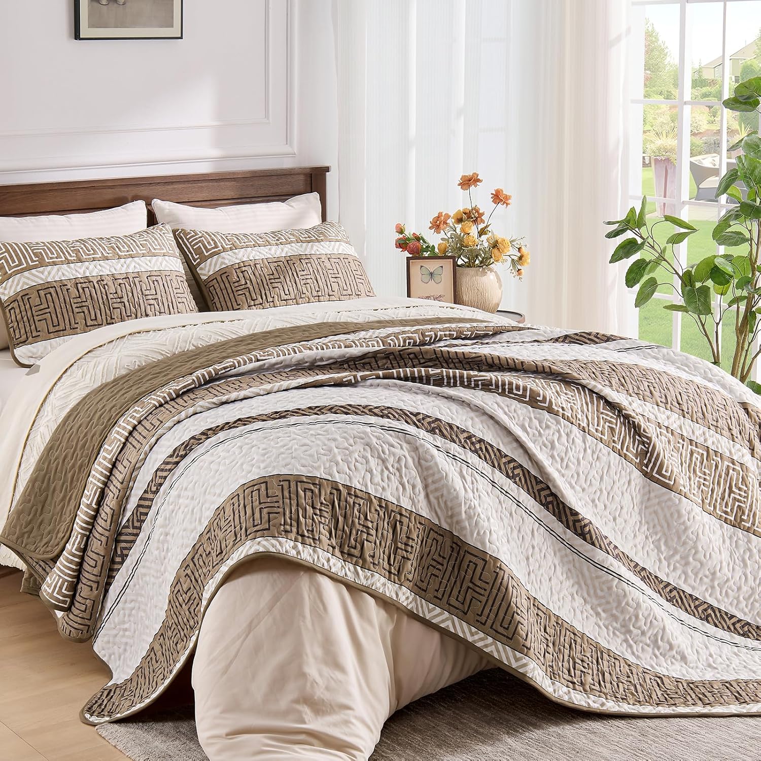 DJY Queen Size Brown Striped Quilt Set 3 Pcs