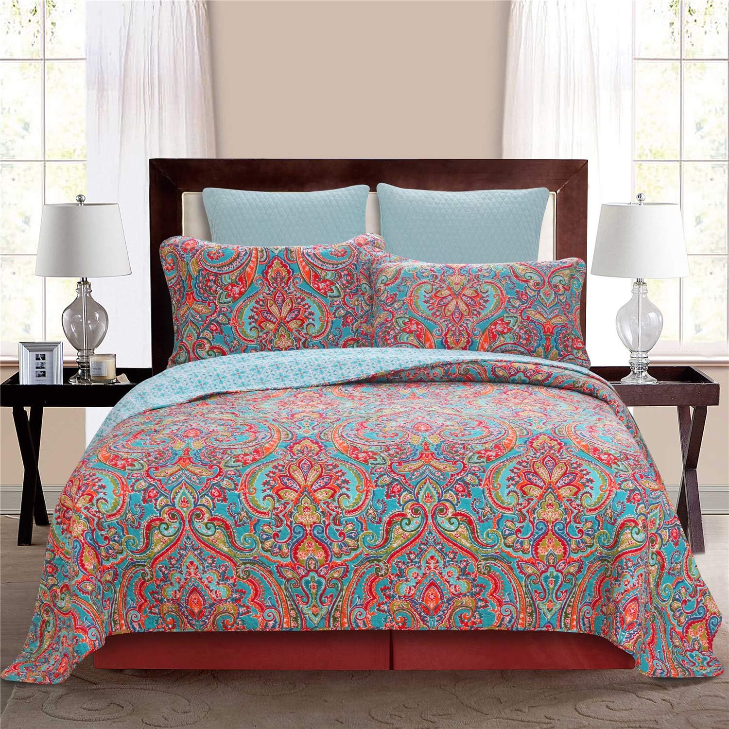Floral Boho Quilt Comforter Set Queen 3 Piece