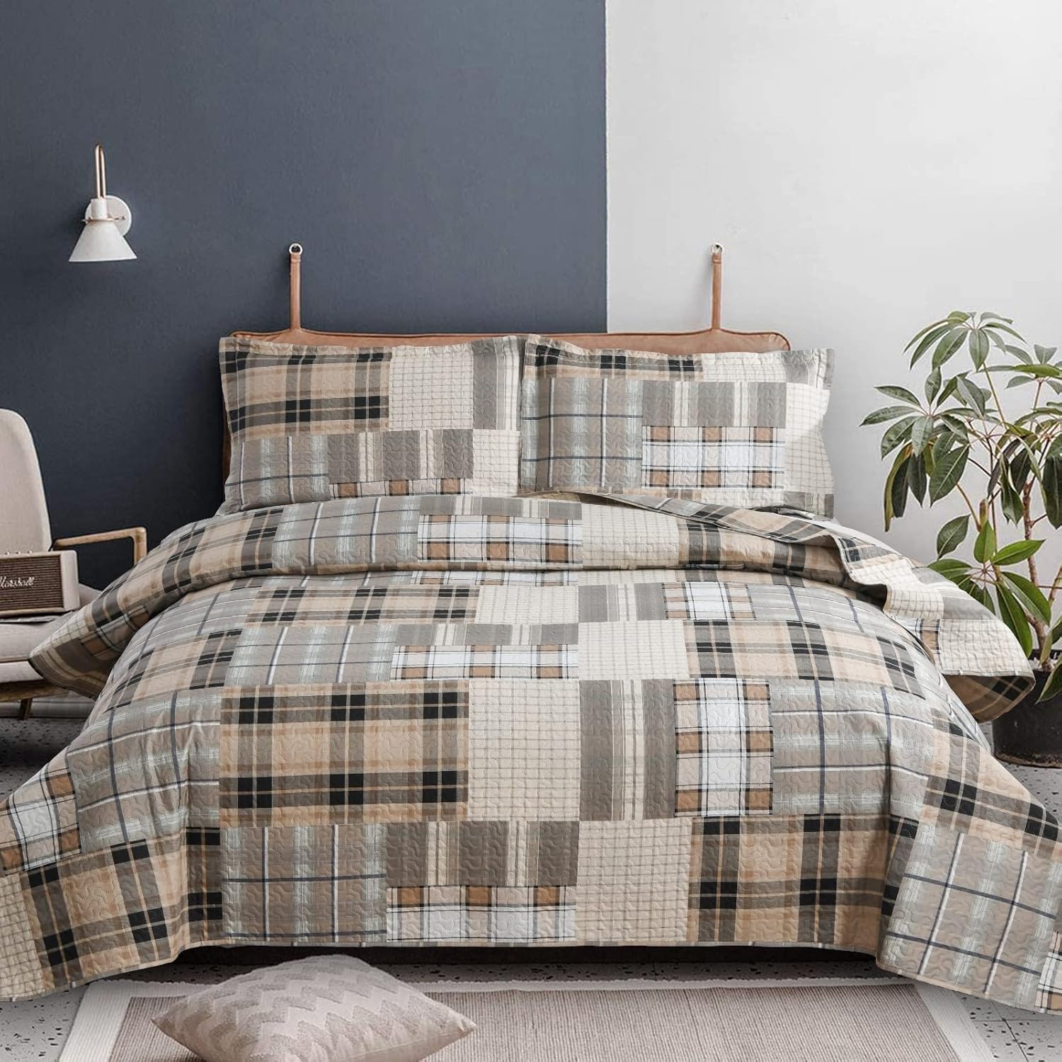 Green Essen King Size Plaid Quilt Set Brown Grey