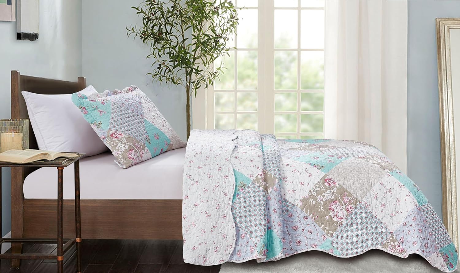 Brilliant Sunshine Blue Green Rose Quilt Set Twin