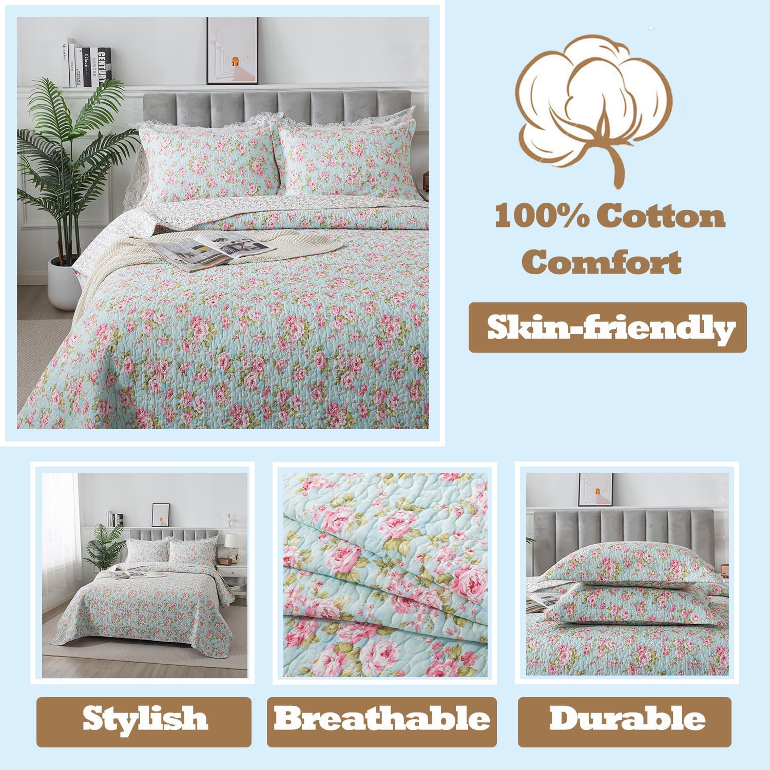 Brandream 3-Piece Shabby Chic Floral Quilt Set