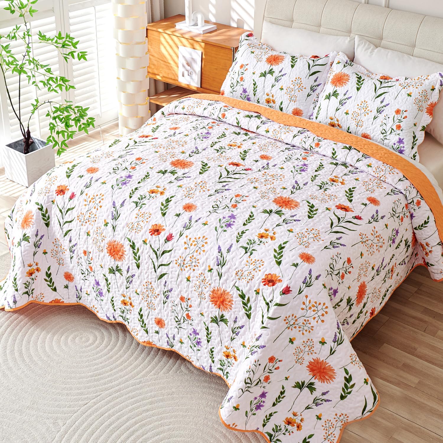 EVENHUG Queen Floral Quilt Set 3 Piece Reversible Bedding