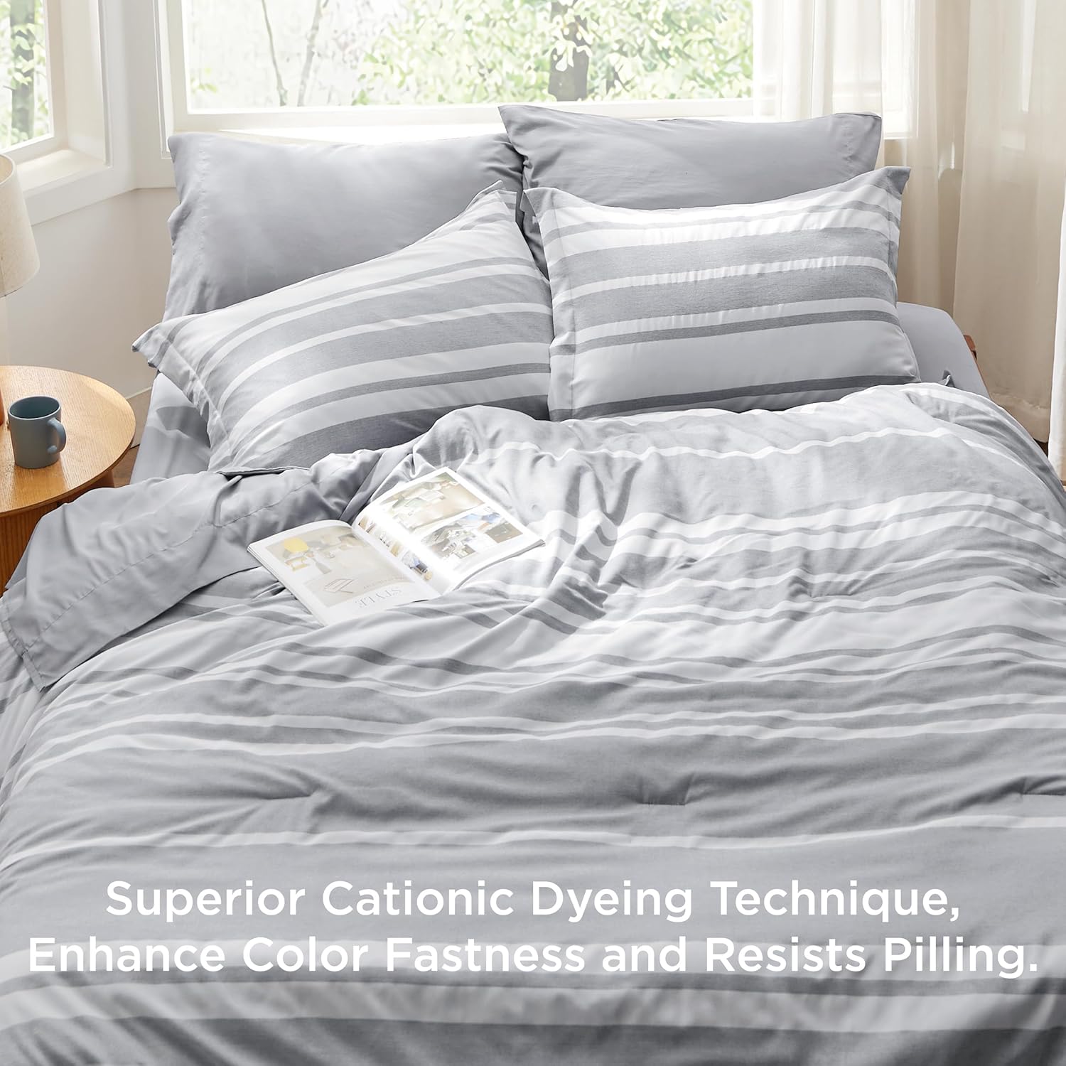 Bedsure California King Comforter Set 7 Piece Grey Striped