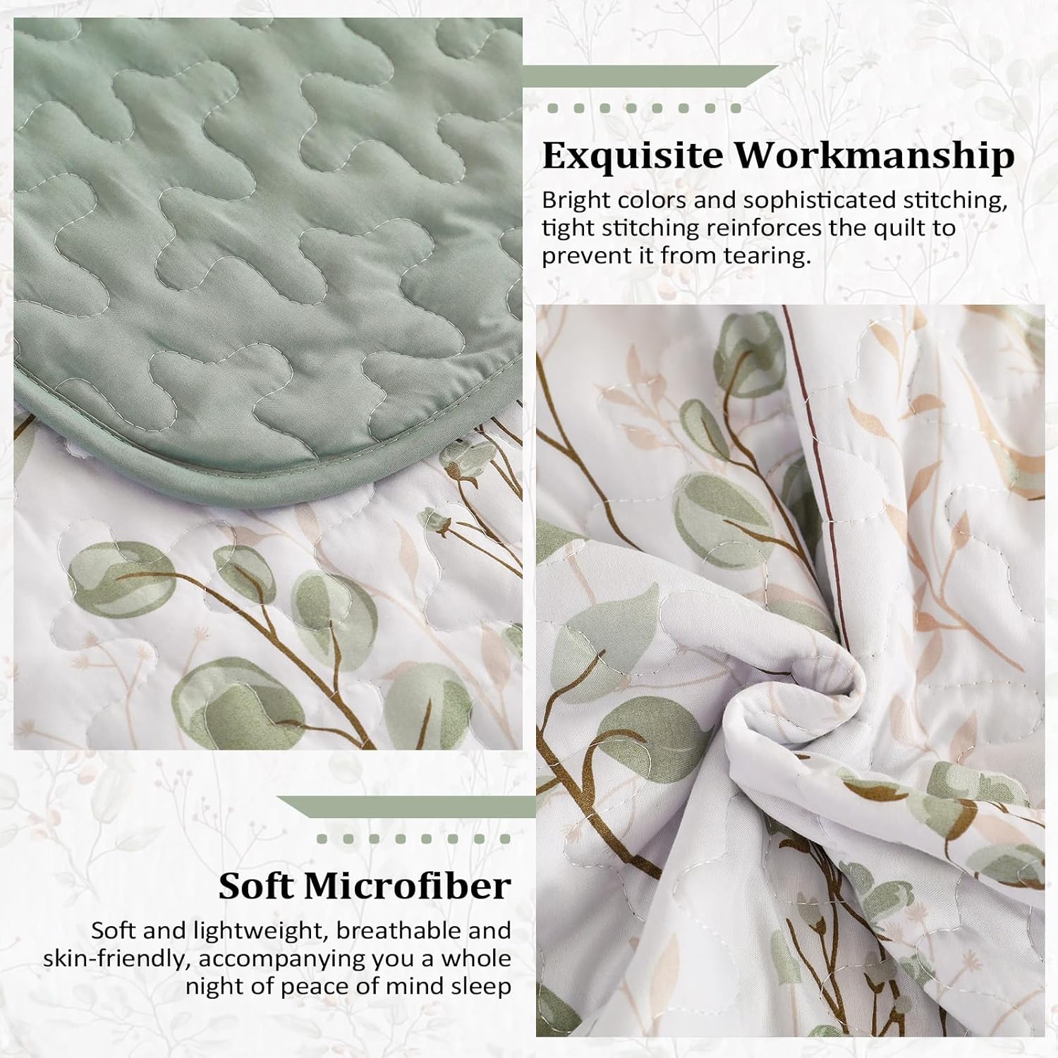 Anibedding Queen Size Quilt Set with Green Floral Pattern