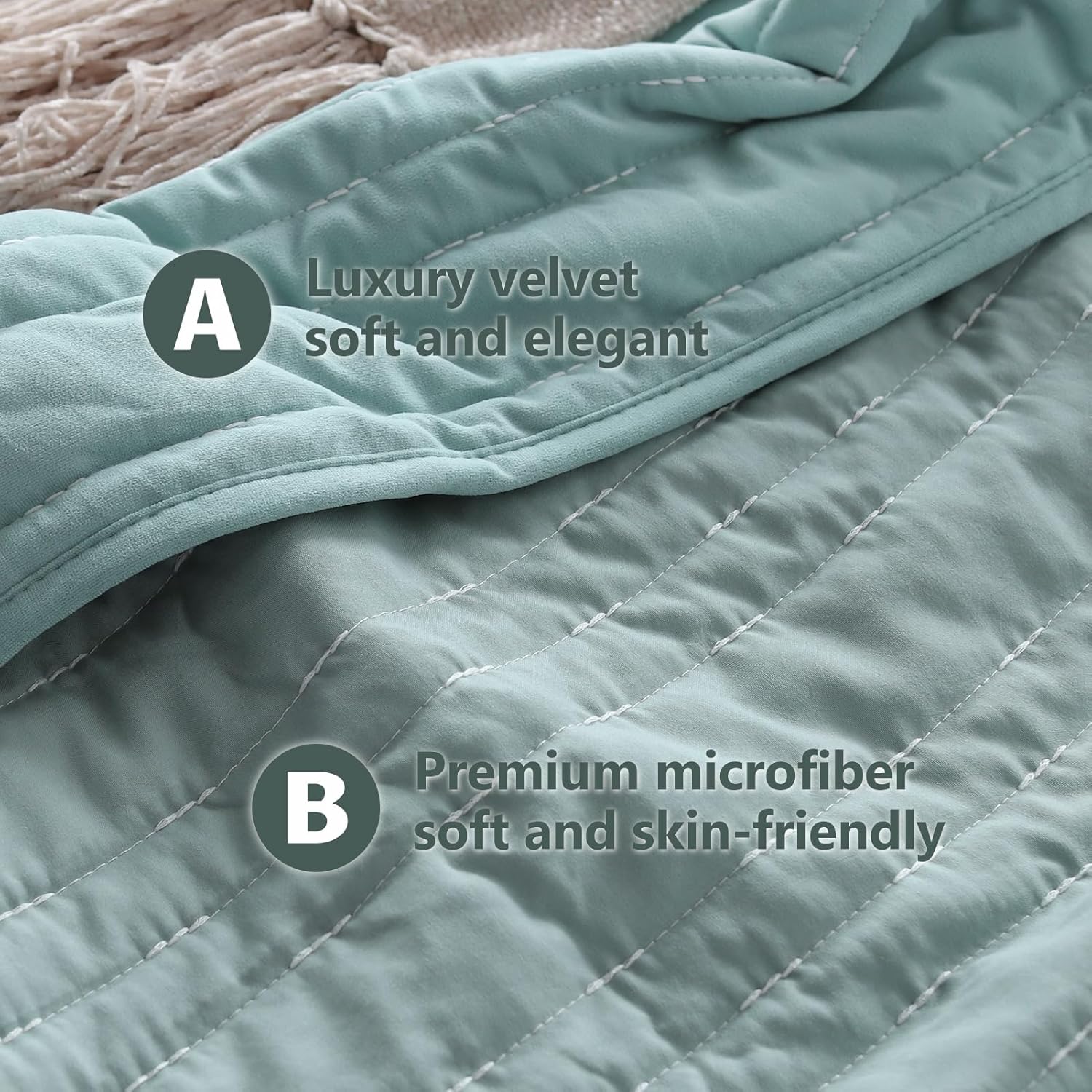 KASENTEX King Size Velvet Quilt Set 3 Pieces Lake Blue