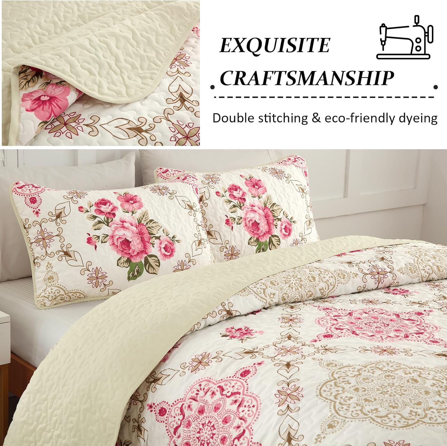 Menghomeus Pink Big Floral Reversible Quilt Set