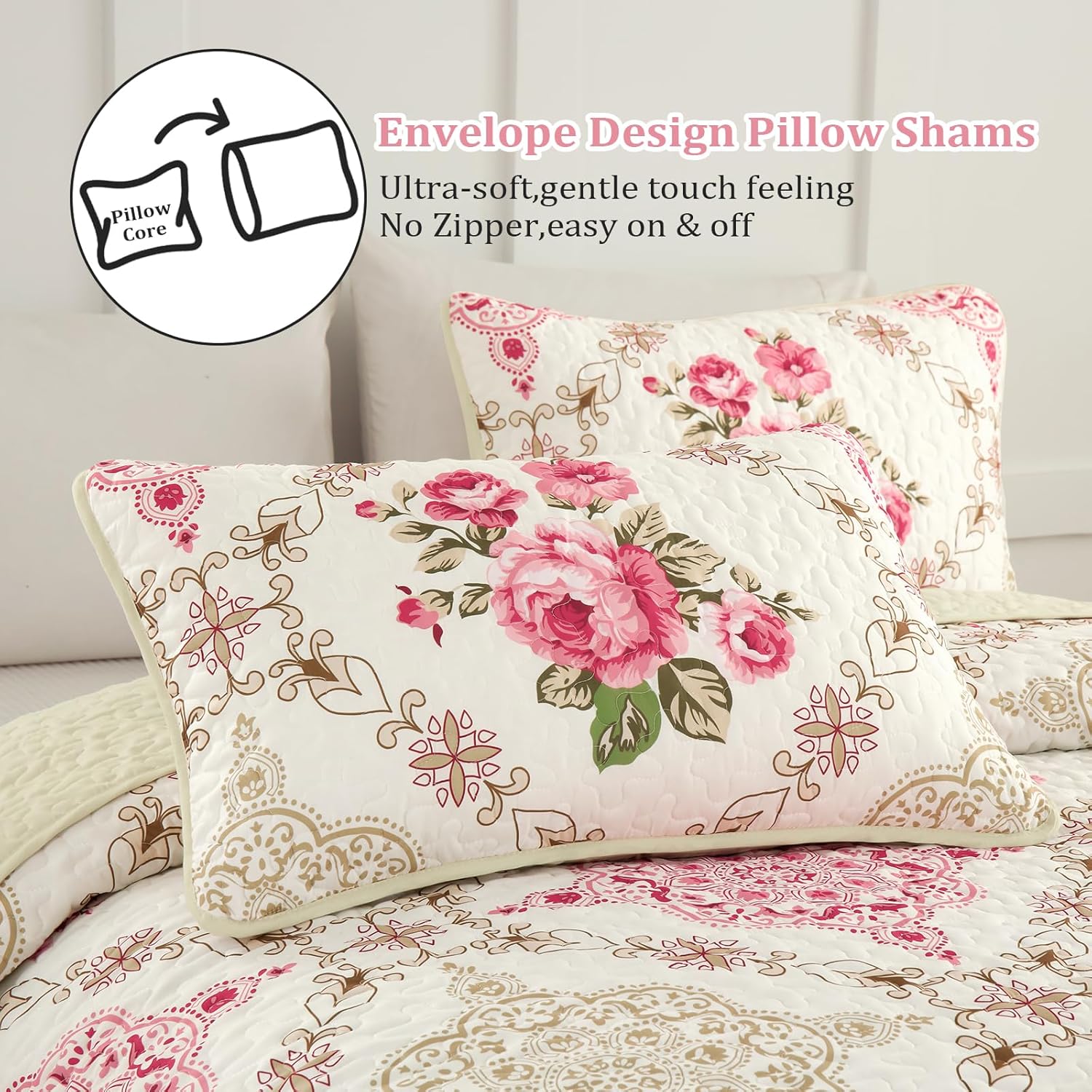 Menghomeus Pink Big Floral Reversible Quilt Set
