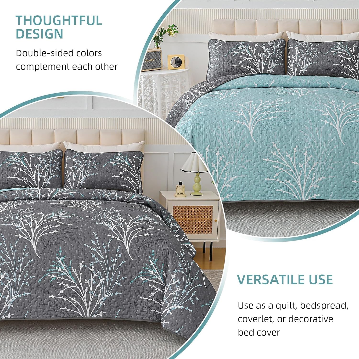 DJY Queen Size Reversible Quilt Set Grey Blue