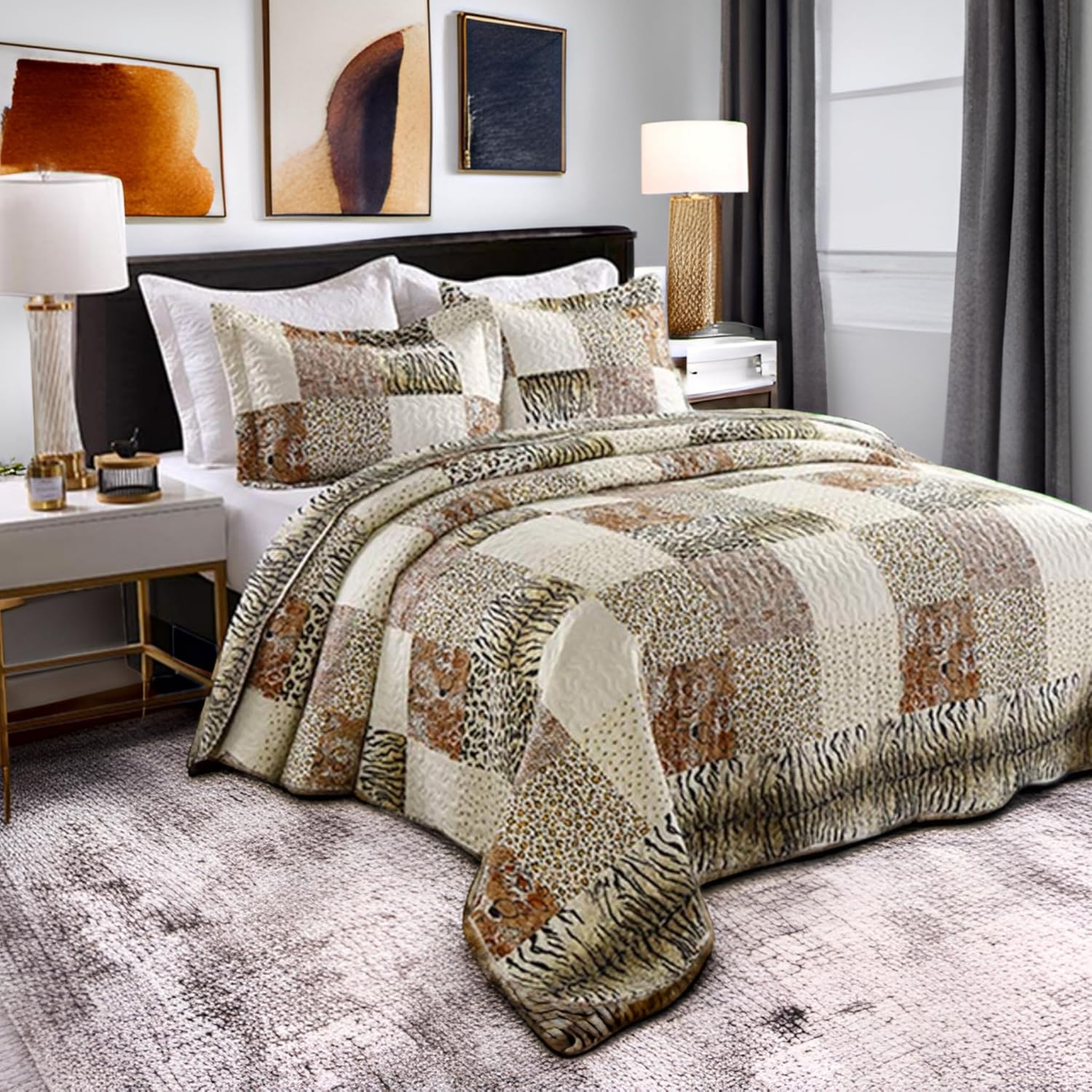 MarCielo 3 Piece Quilt Set Leopard Print Bedspread