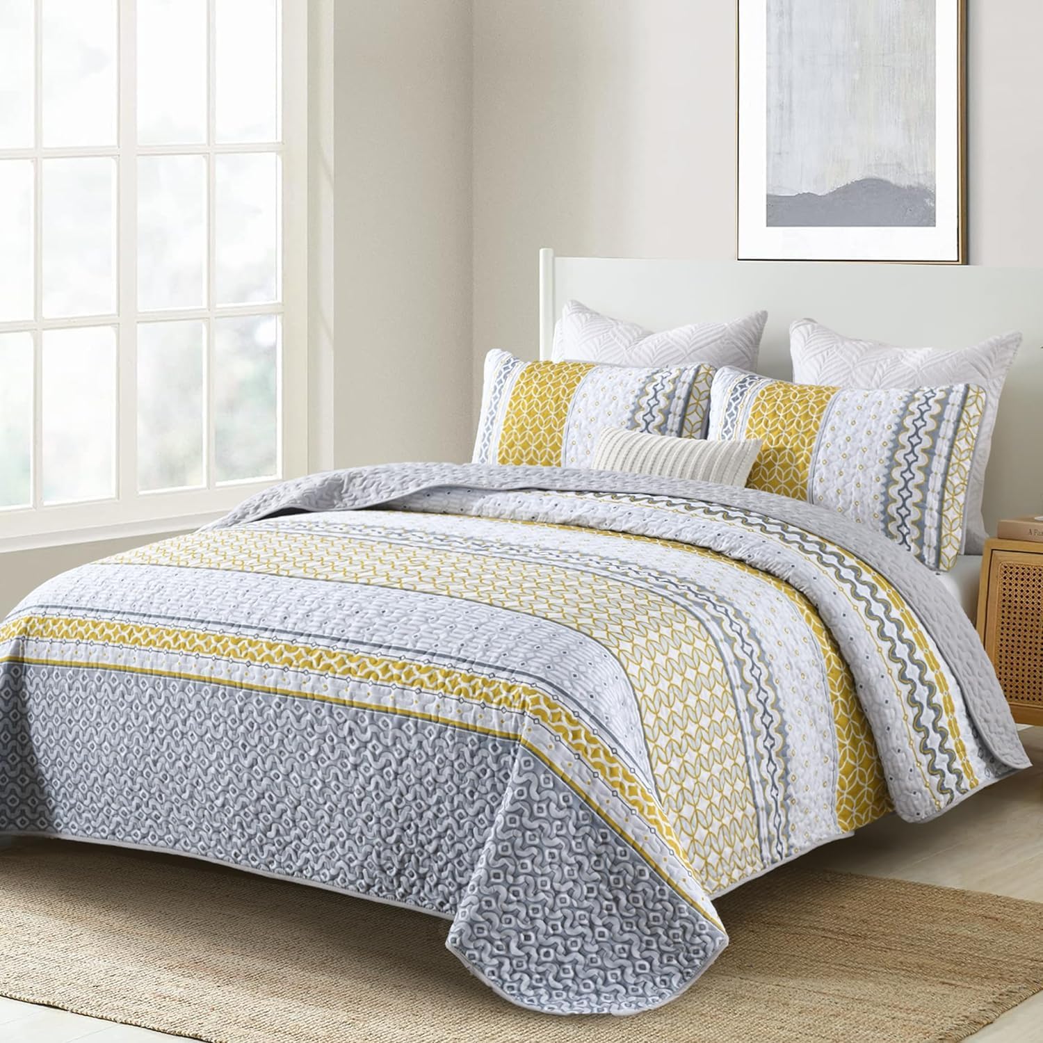 DJY Boho Yellow Grey Striped Quilt Set