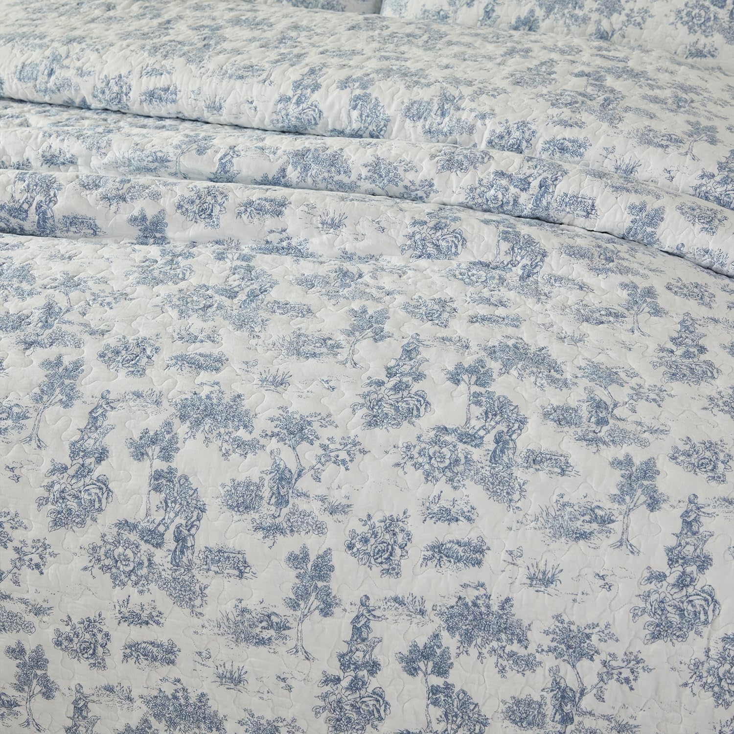 Brandream Cotton Toile Quilt Set 3-Piece Blue and White