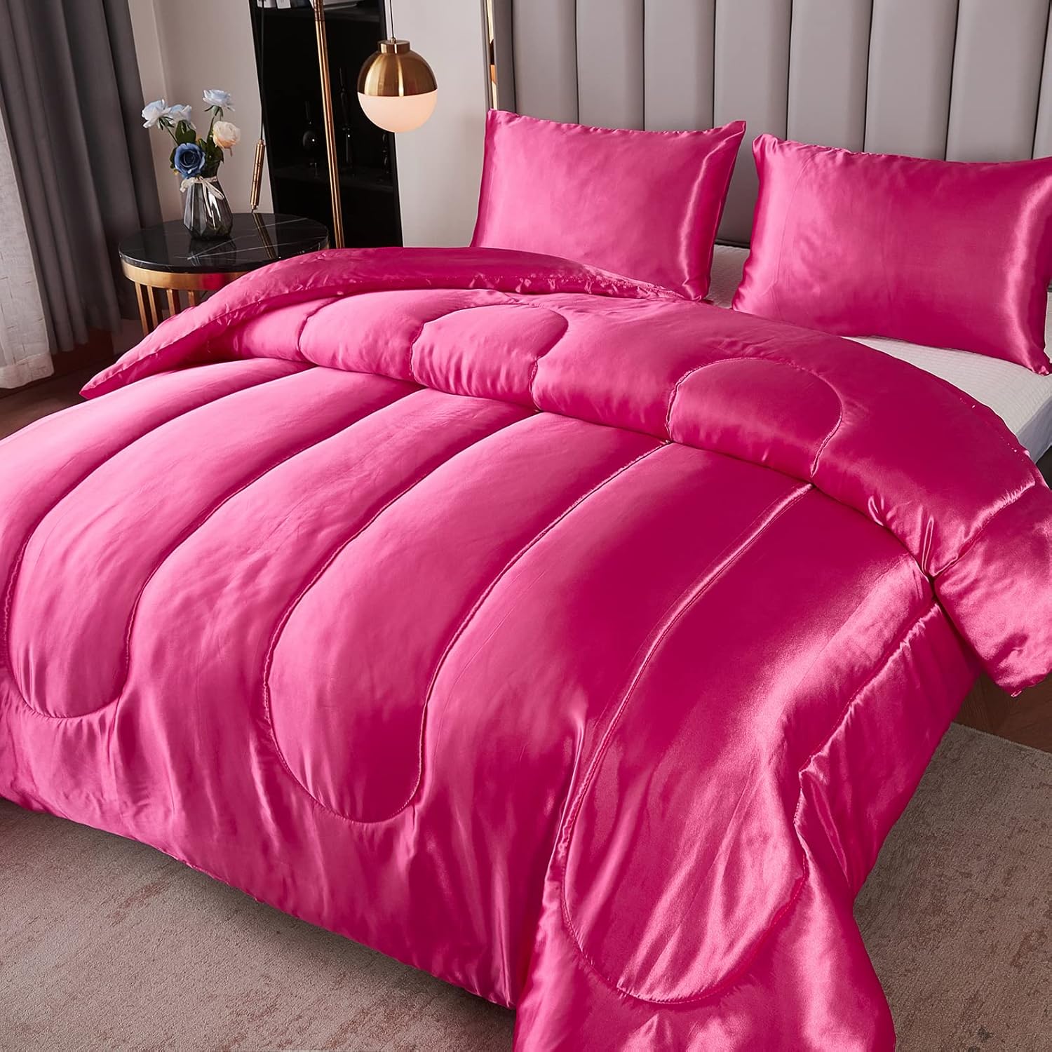 Kanak Bedding 3PC Silky Comforter Set Full XL Hot Pink 1