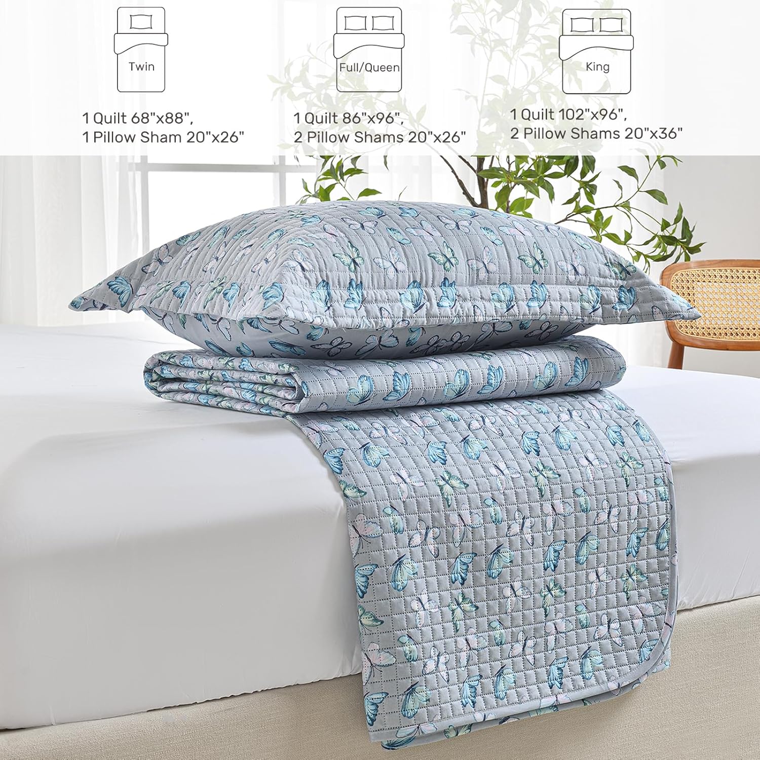 HollyHOME 3-Piece King Quilt Set with Butterfly Design