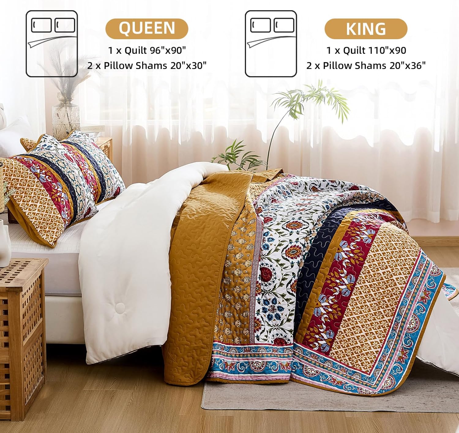 Yiran Boho Quilt Set King Size Tango Orange Patchwork Bedding