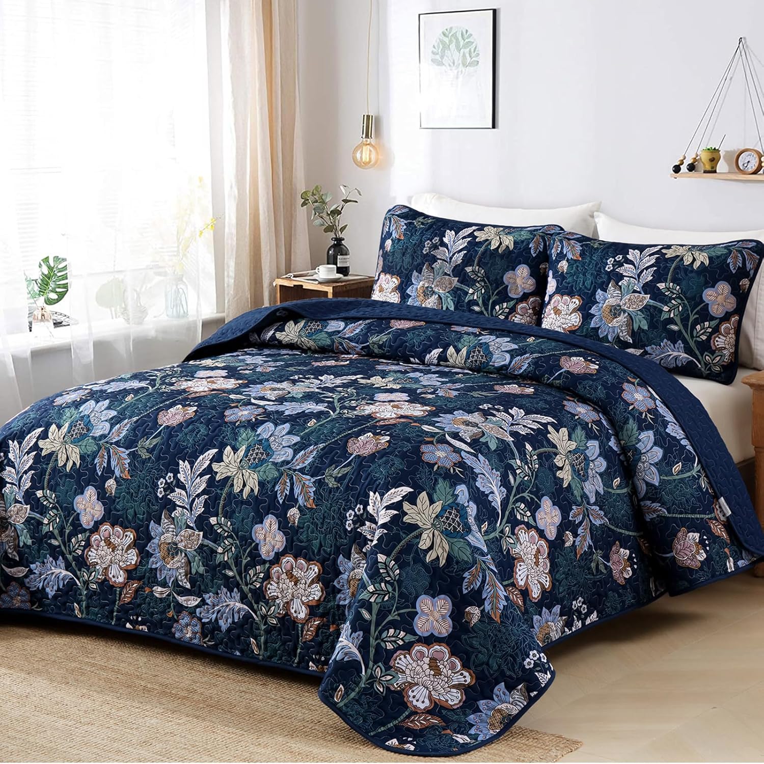 WONGS BEDDING Queen Quilt Set 3 PC Navy Blue Floral Bedspread