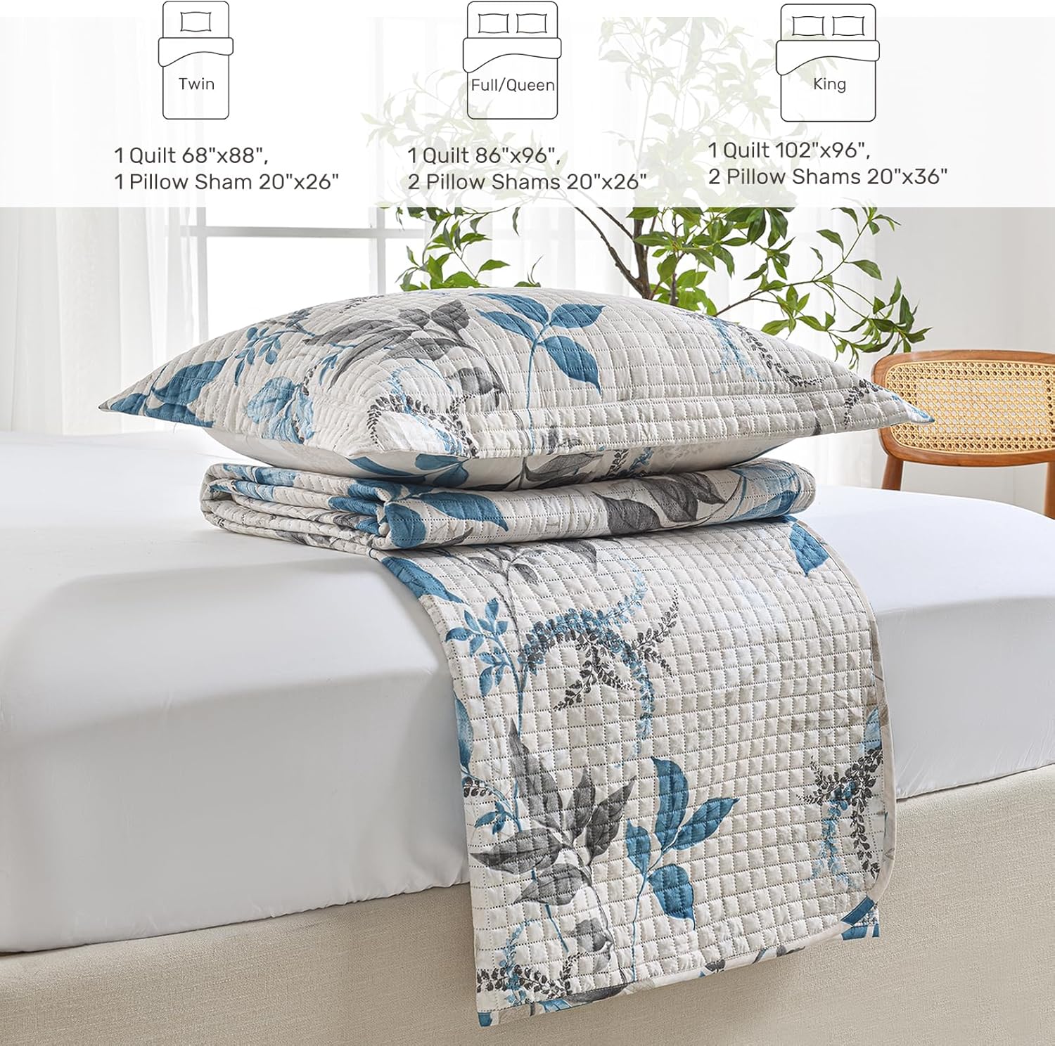 HollyHOME 3-Piece Quilt Set with Teal Gray Leaves Design